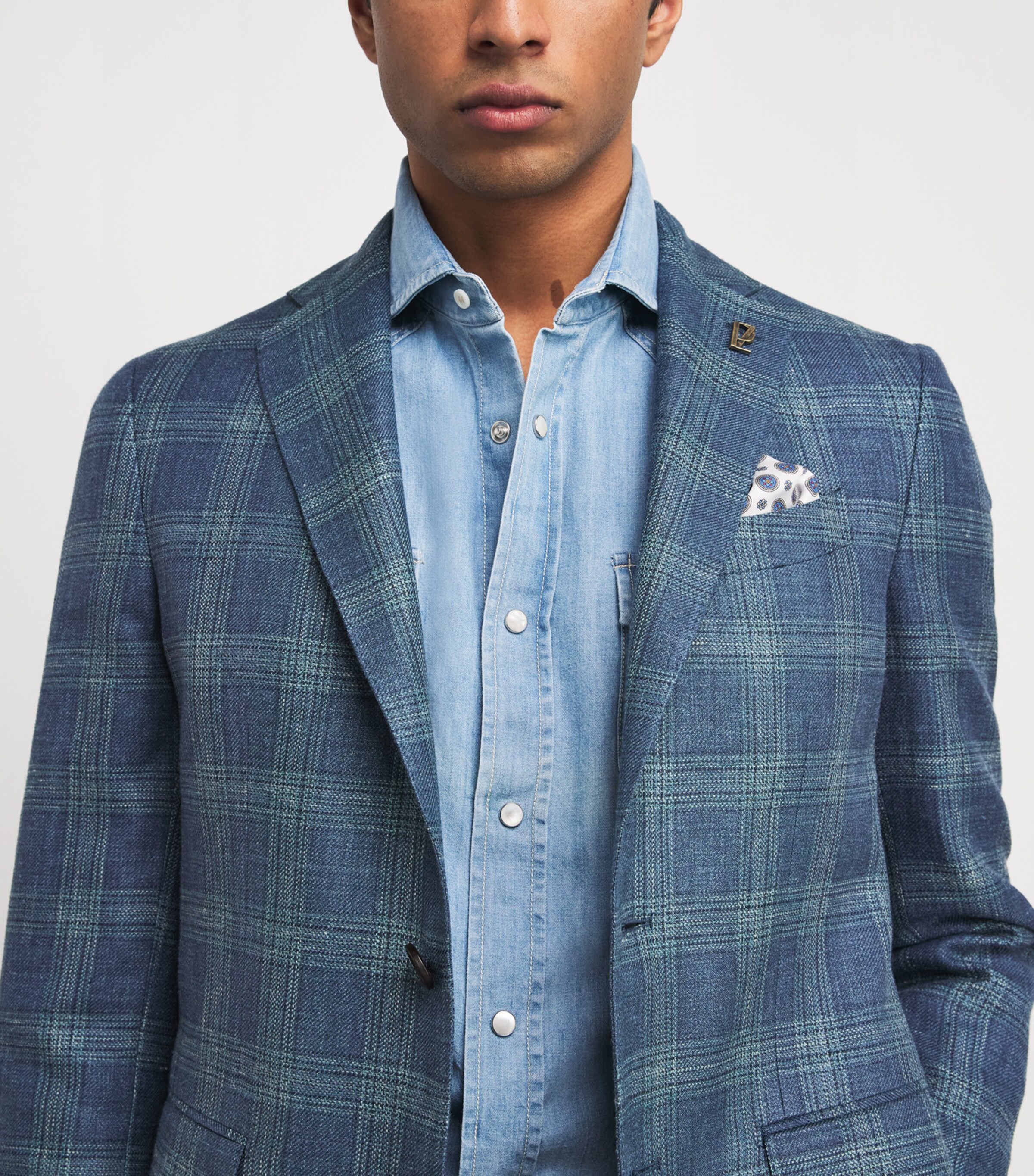 Silk-Linen-Wool Check Blazer 12 BLUE Image 6