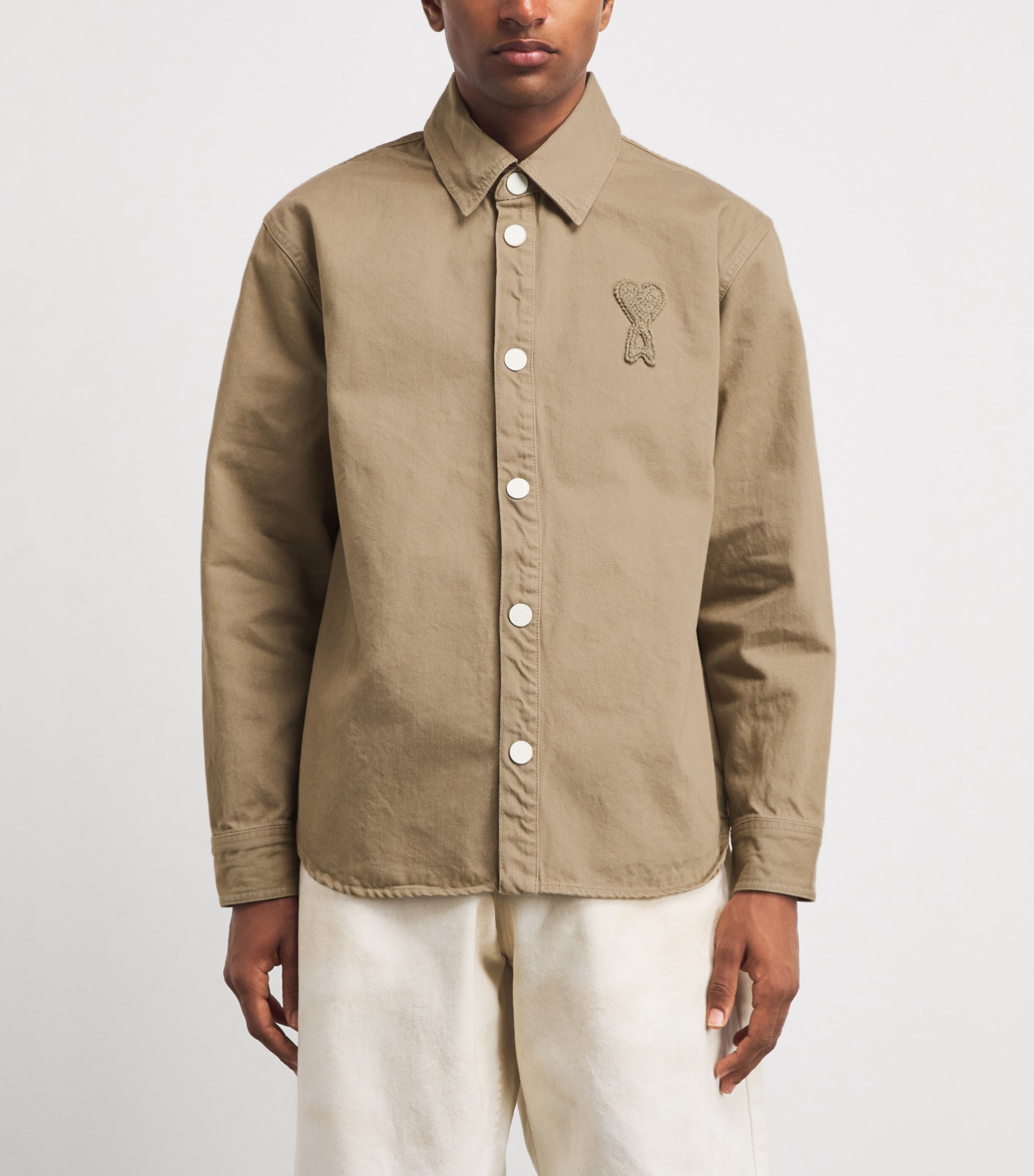 AMI Paris Mens Cotton Ami de Coeur Overshirt Beige Taupe Image 4
