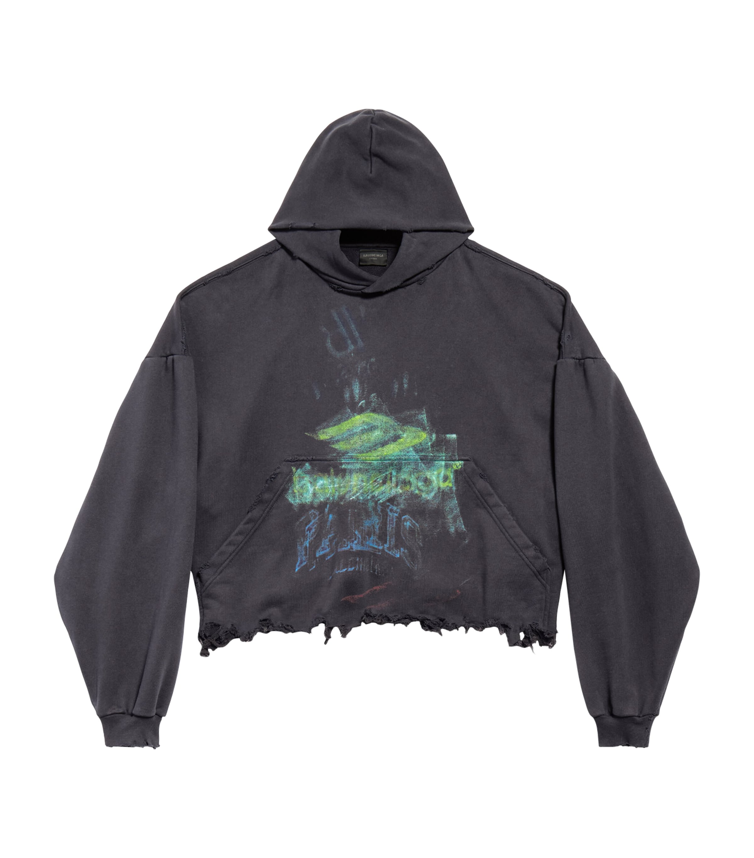 Balenciaga Cotton Cropped Graphic Hoodie In Black