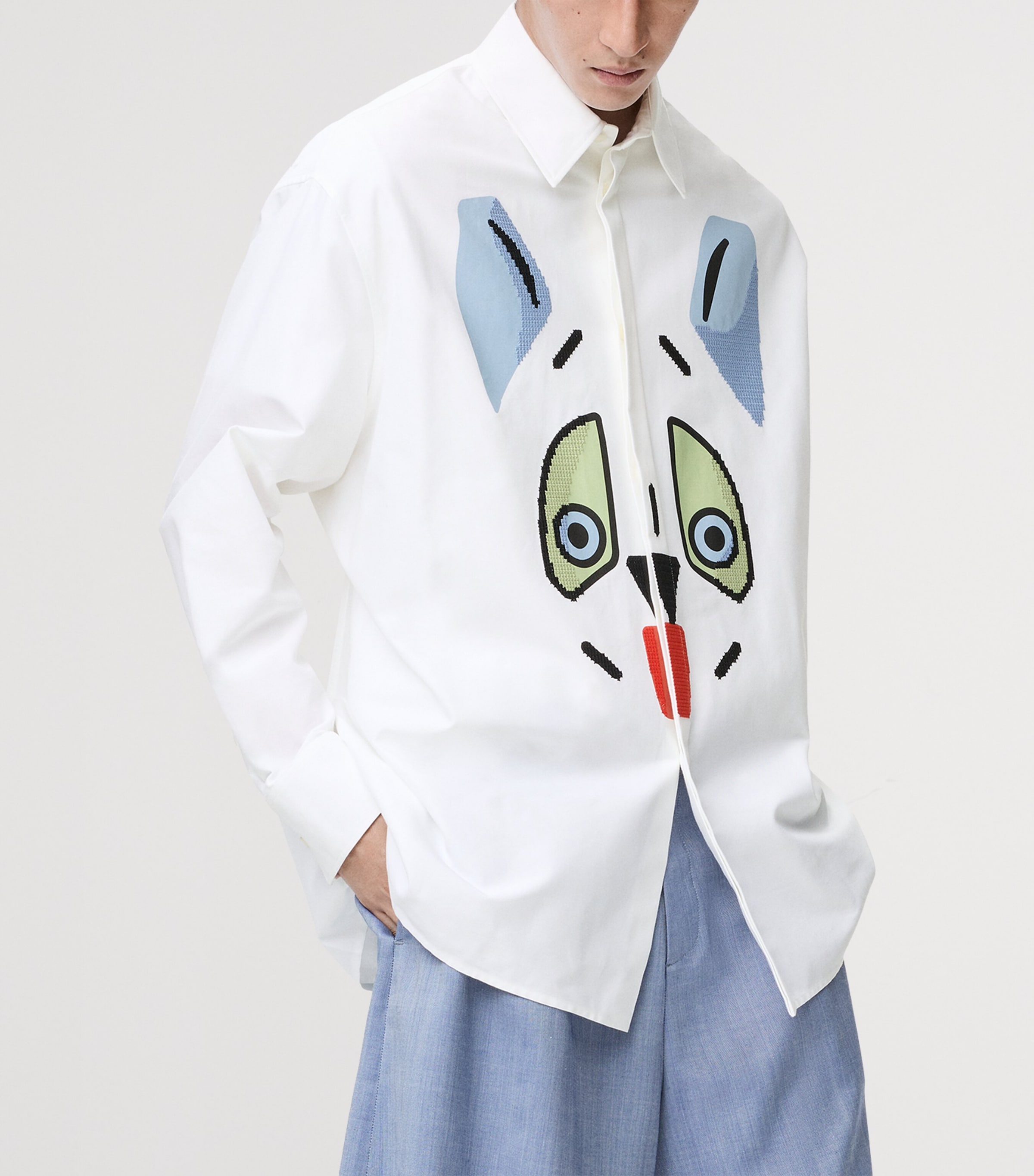 Oxford Cotton-Blend Embroidered Shirt WHITE Image 3