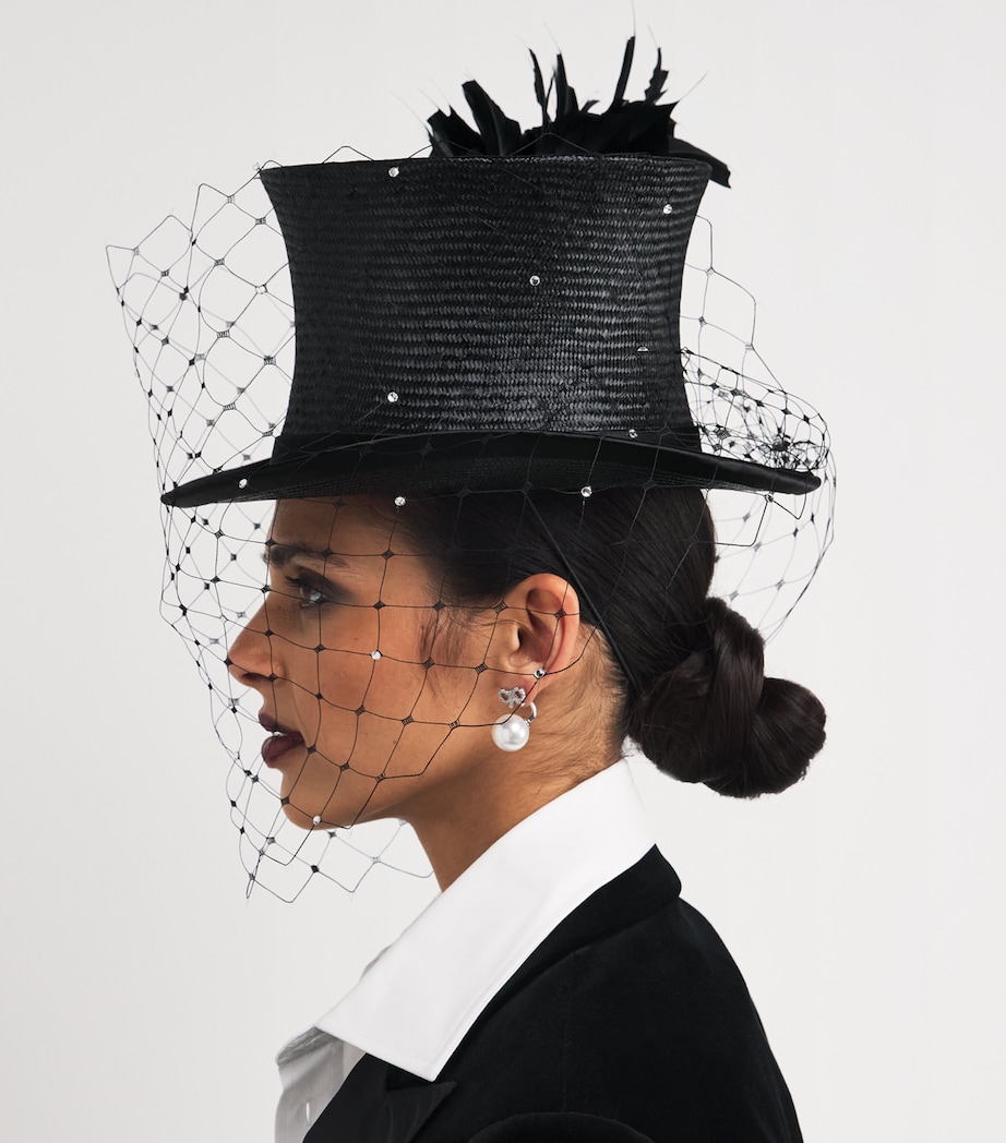 Feathered Veil Top Hat Fascinator BLACK Image 4