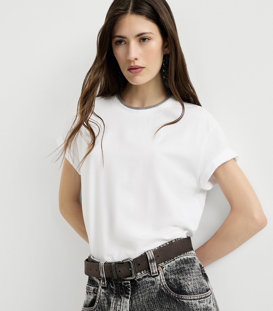 Brunello Cucinelli Womens Stretch-Cotton Monili-Detail T-Shirt White Image 2