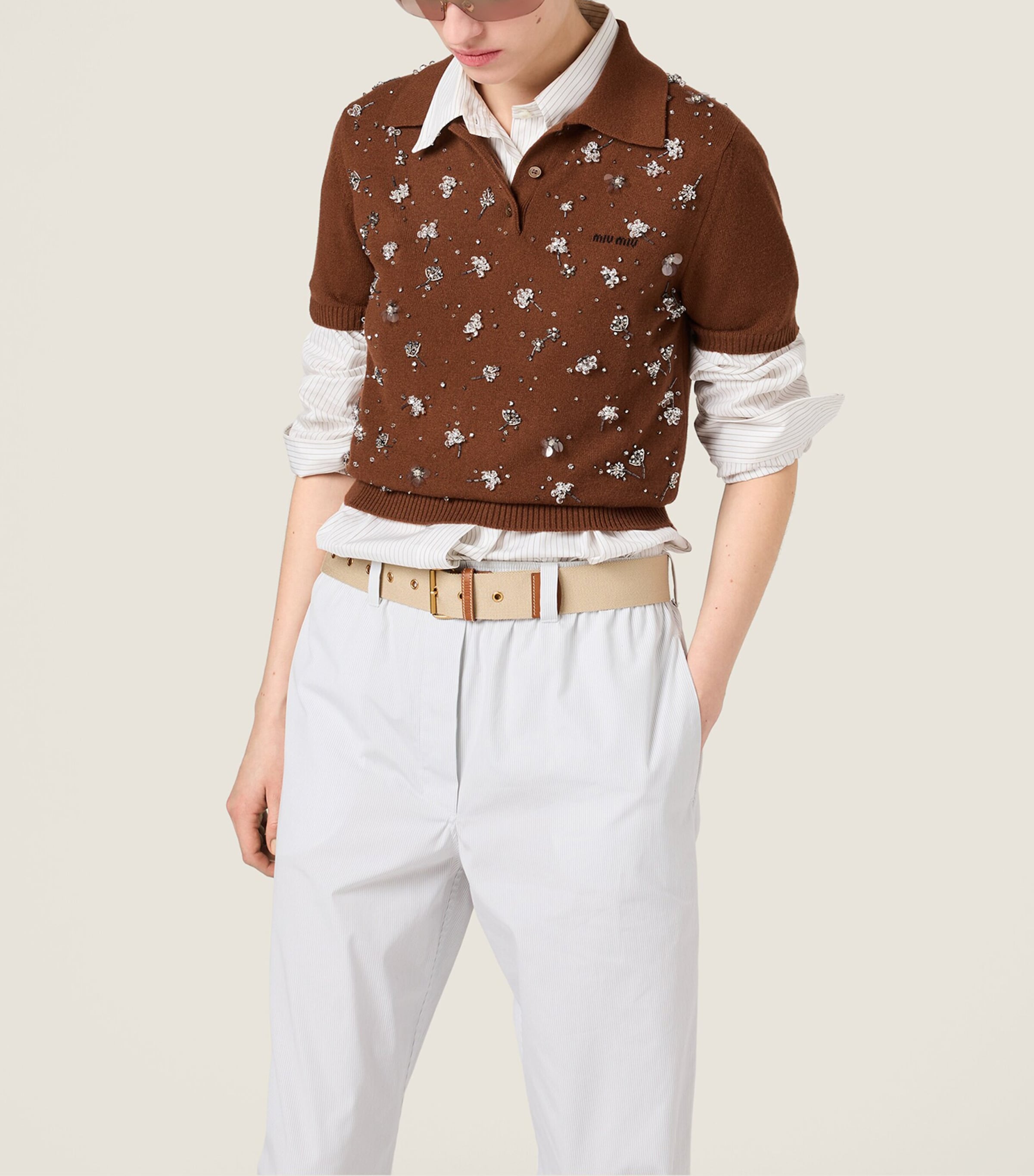 Miu Miu Womens Cashmere Embellished Polo Sweater Image 4