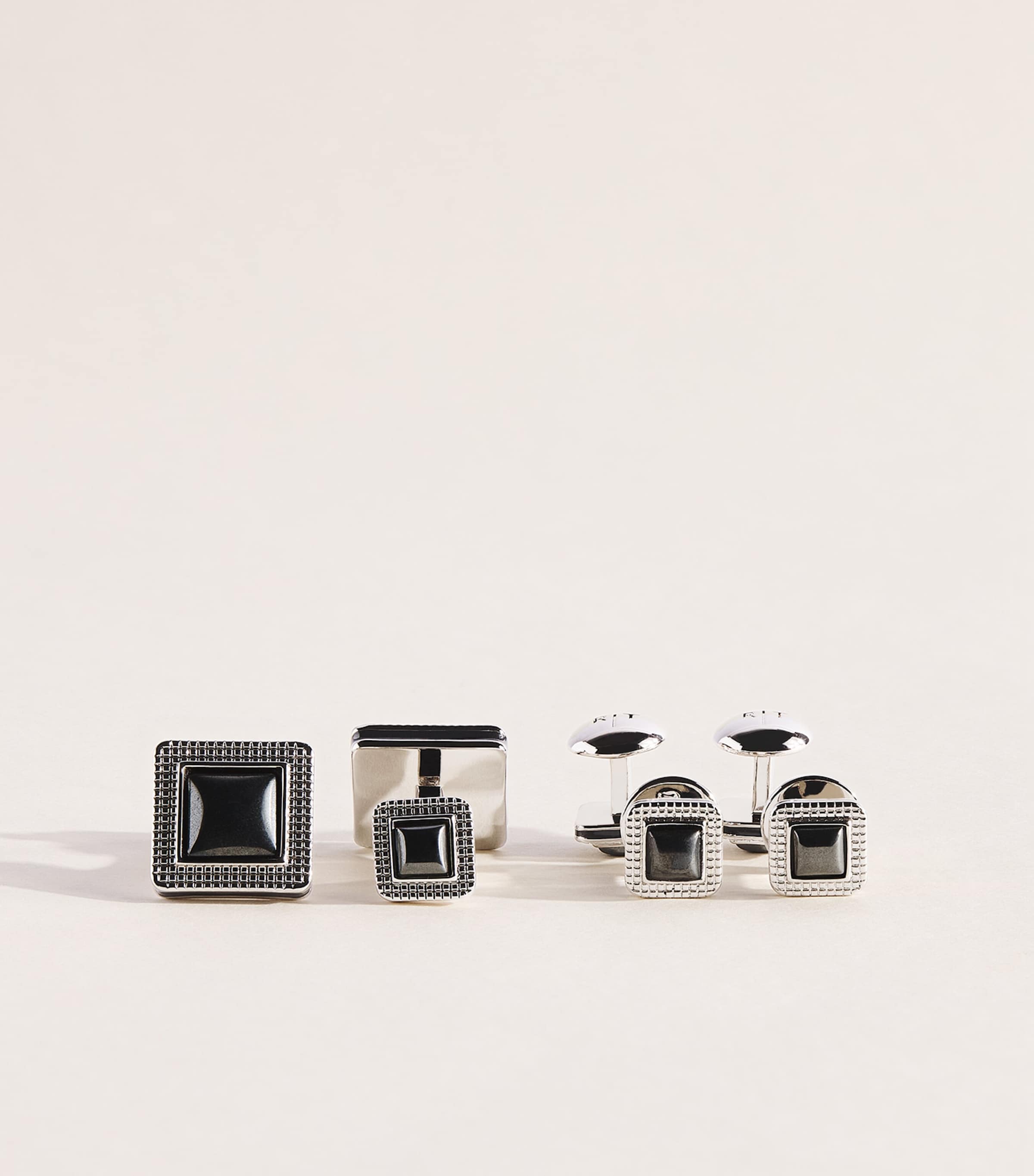 Tateossian Metal and Hematite Duo Cabochon Cufflinks and Studs Set Black Image 1