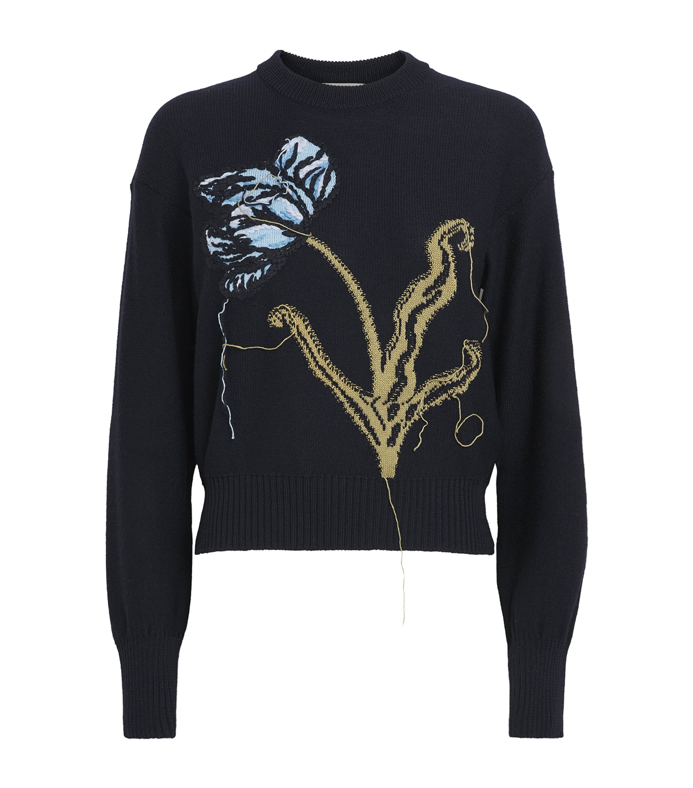 Erdem Womens Merino Wool Floral Sweater Navy Image 1