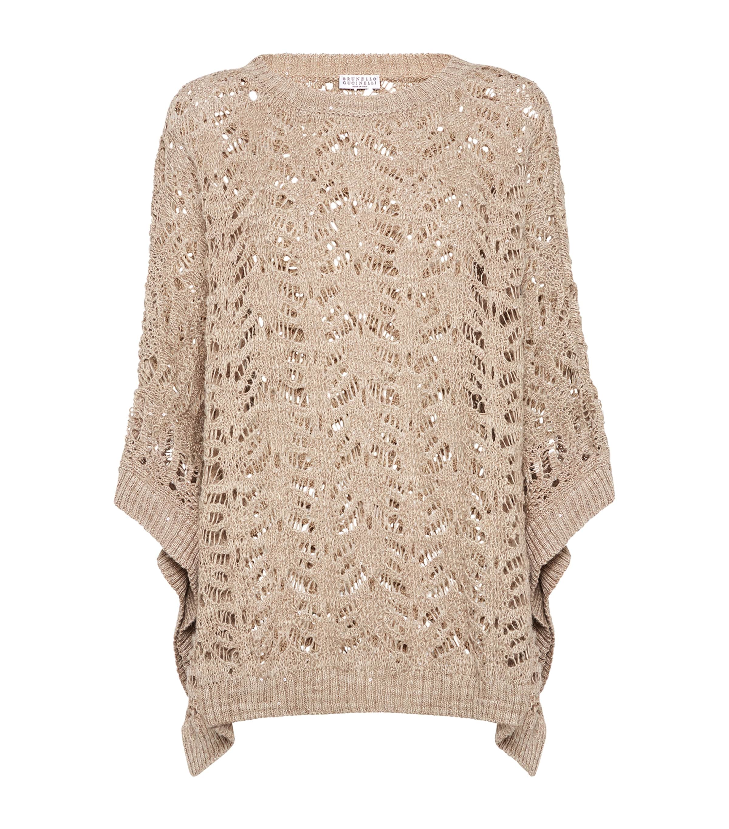 Brunello Cucinelli Linen Blend Perforated Sweater With Sequins In Beige