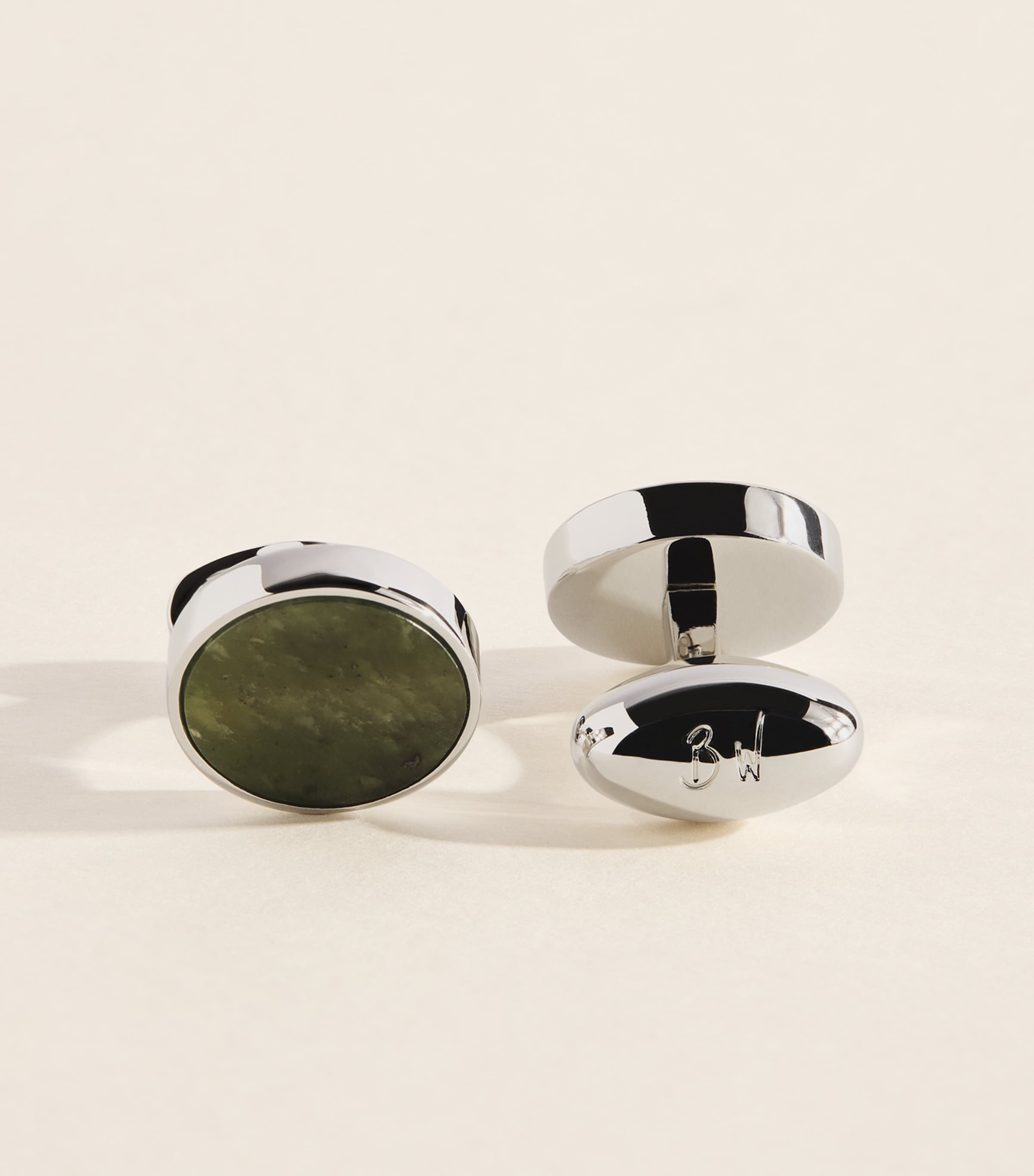 Babette Wasserman Rhodium-Plated Jade Circle Cufflinks Green Jade Image 1