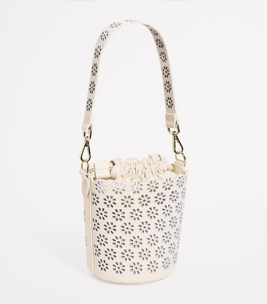 Leather Perforated Drawstring Bucket Bag ECRU Image 3