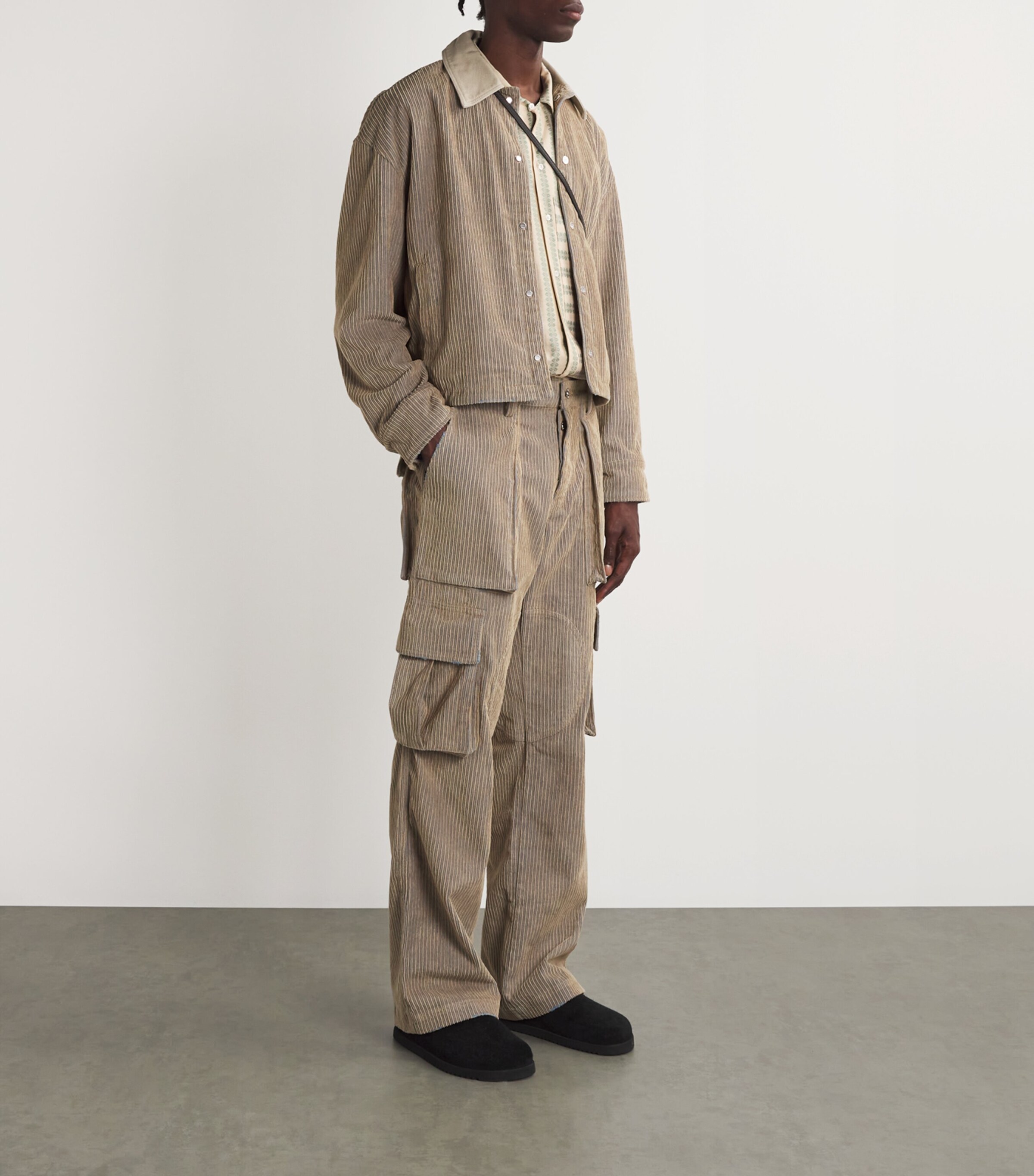 Nahmias Mens Cotton Corduroy Cargo Trousers Beige Wash Image 2