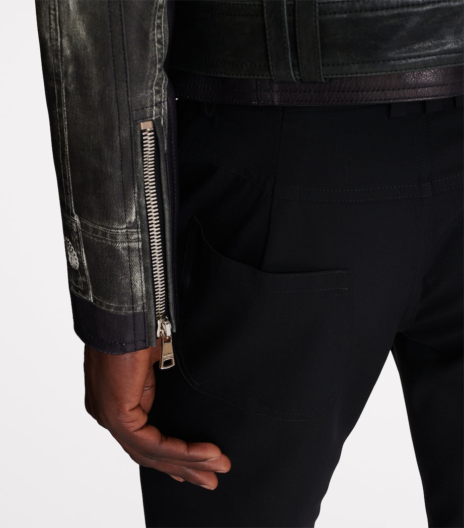 Balmain Mens Leather Denim Print Biker Jacker Yie Gris Denim/ Noir Image 4