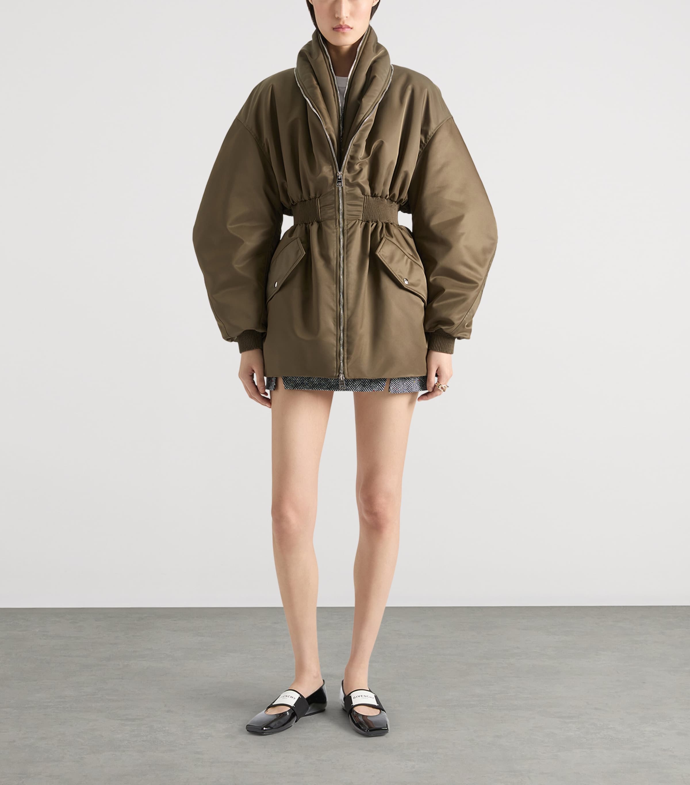 Shawl-Collar Long Bomber Jacket KHAKI Image 2