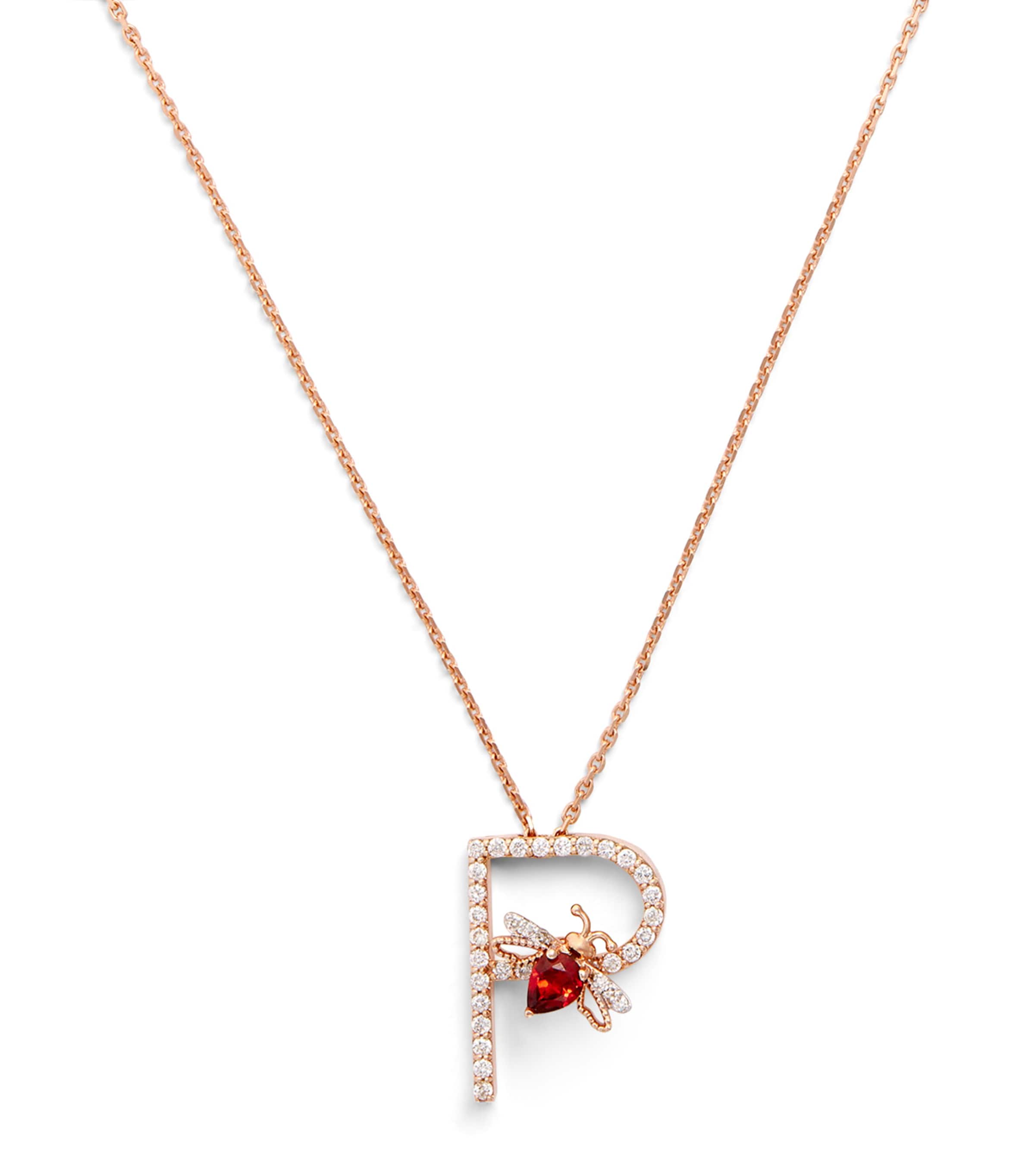 Bee Goddess Rose Gold, Diamond And Garnet Letter P Necklace In Rose Gold