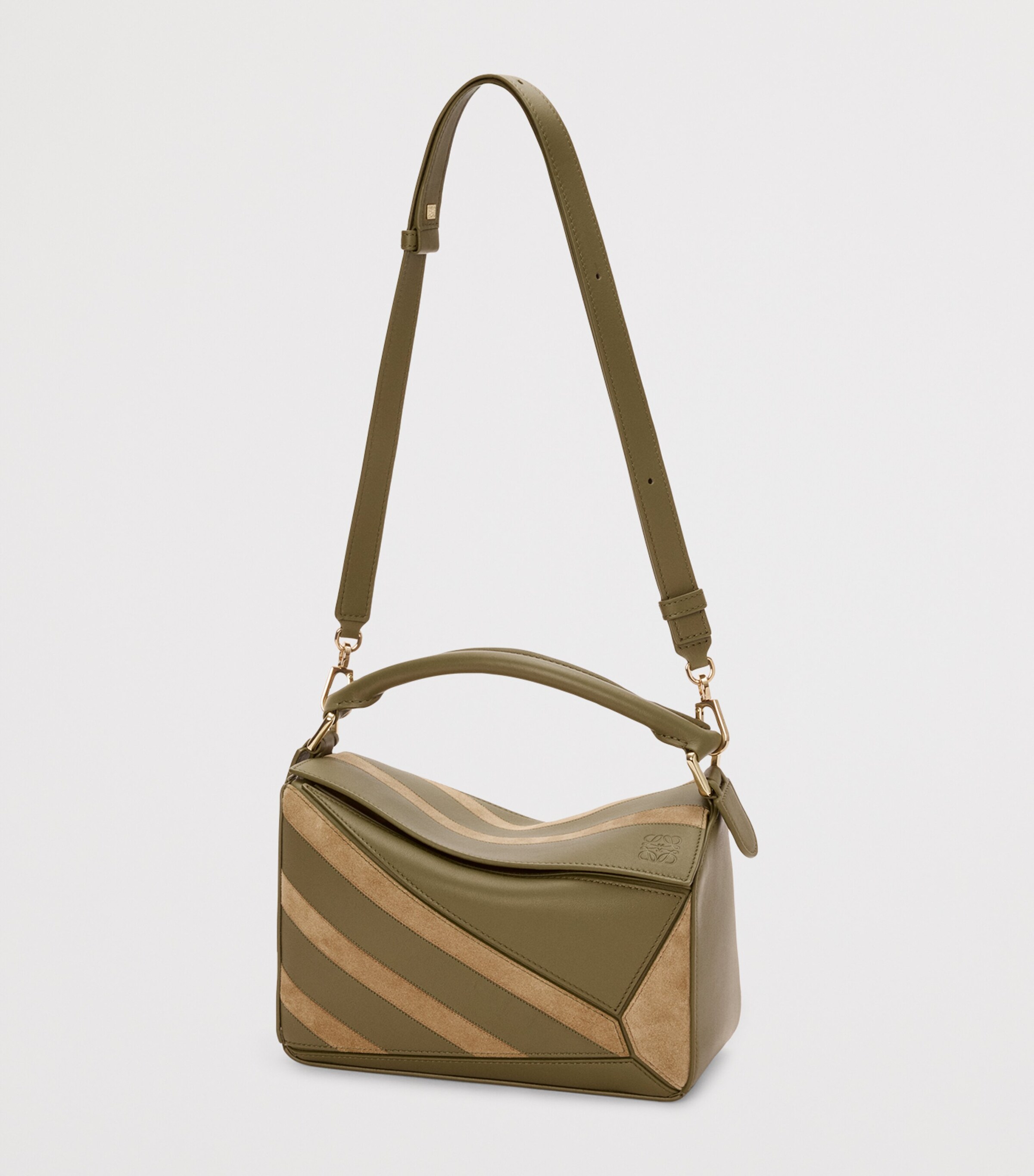 Small Leather-Suede Puzzle Top-Handle Bag OLIVE GOLD Image 5