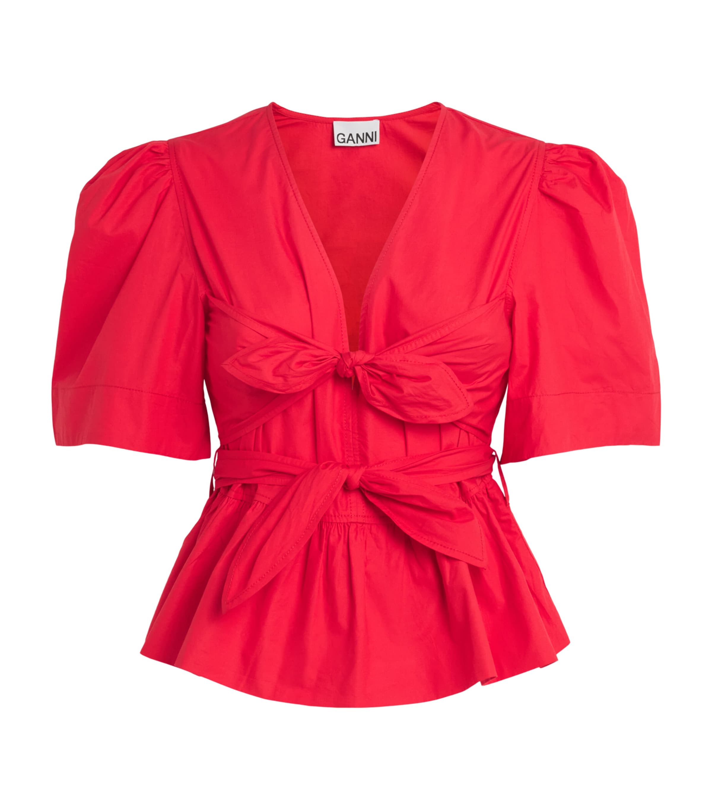 GANNI Womens Cotton Bow-Detail Blouse Racing Red Image 1