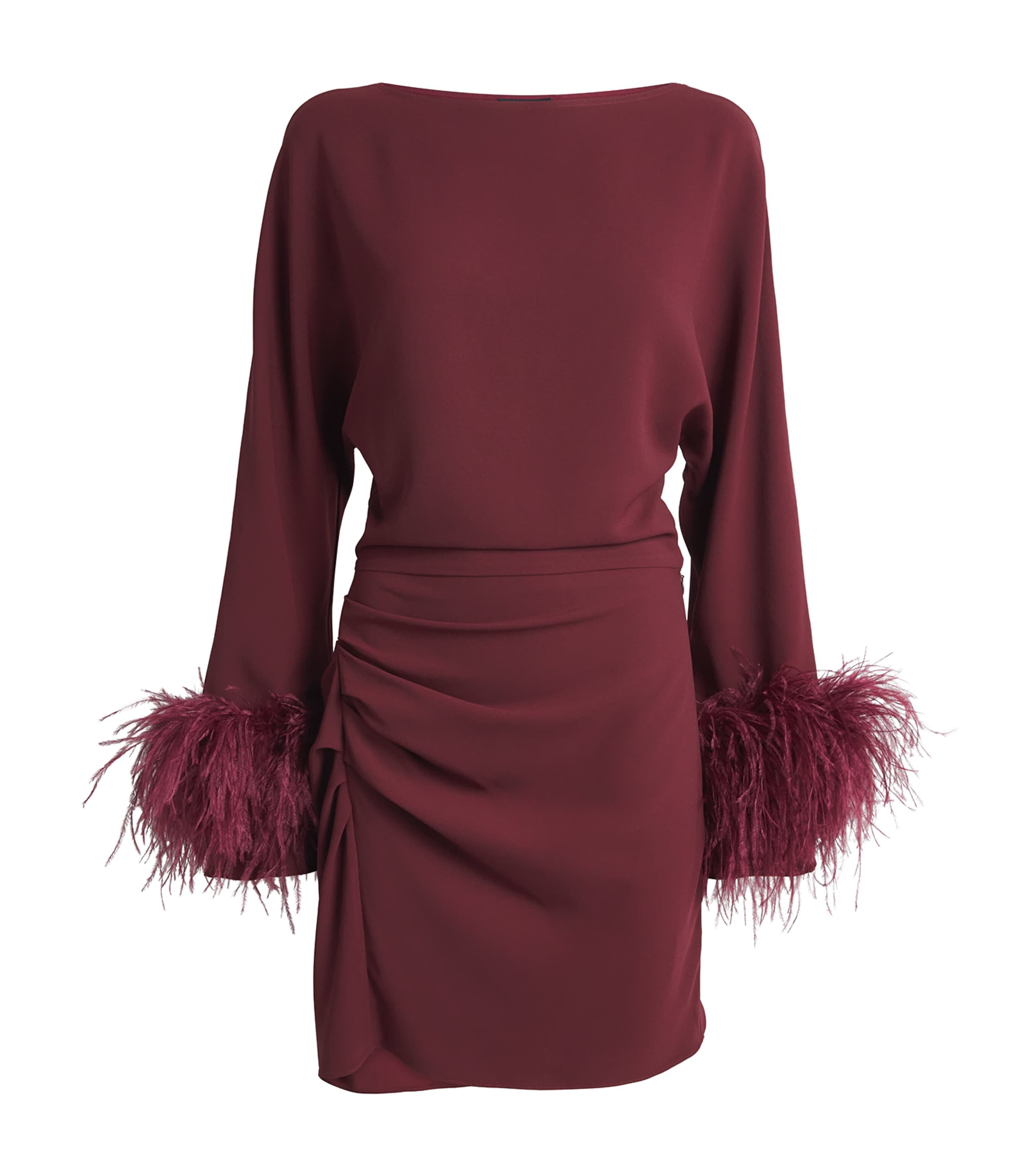 burgundy feather trim dress Adella | Burgundy Satin Feather-Trim Maxi Dress