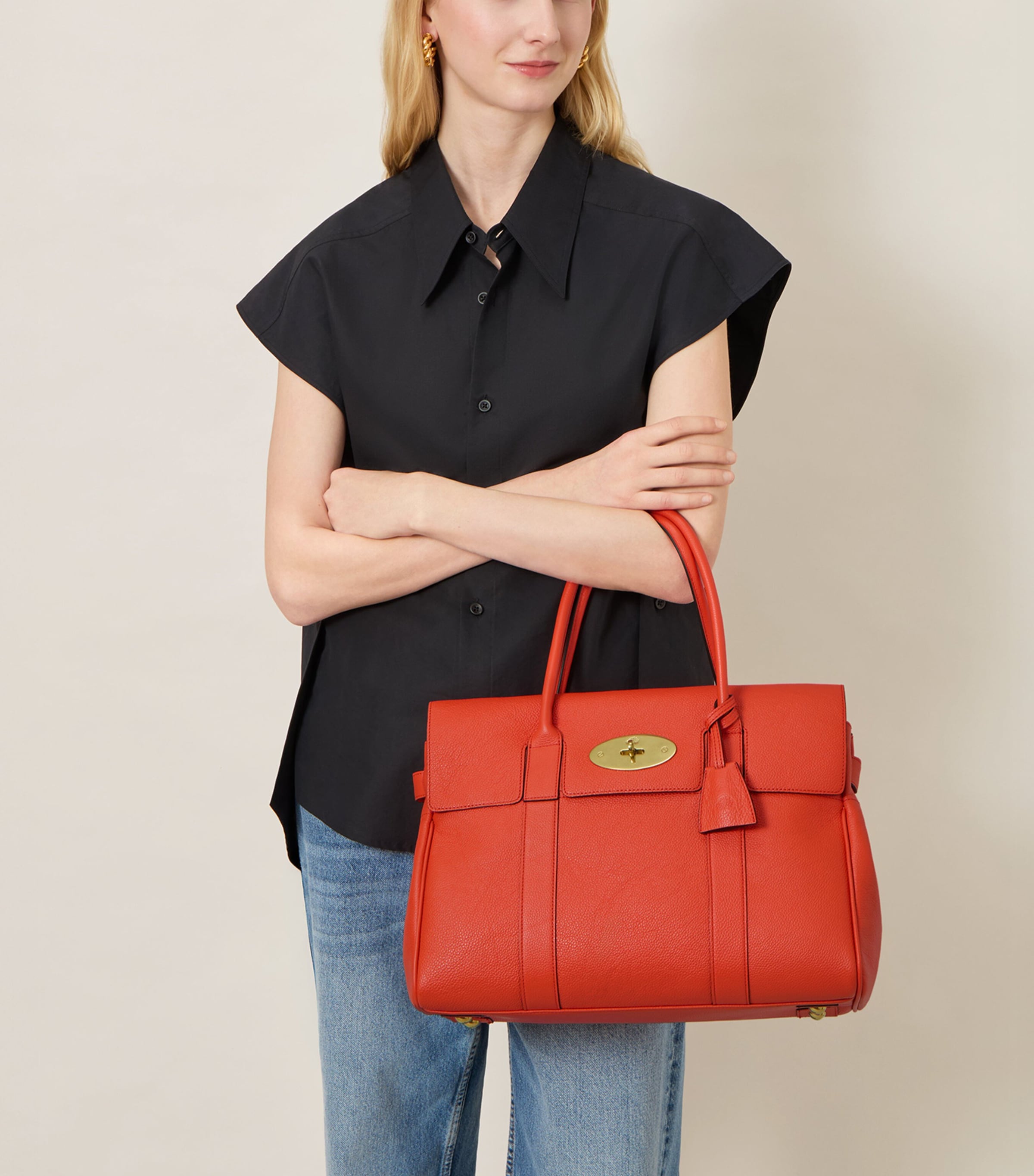 Mulberry Small Leather Bayswater Top-Handle Bag Coral Orange Image 2