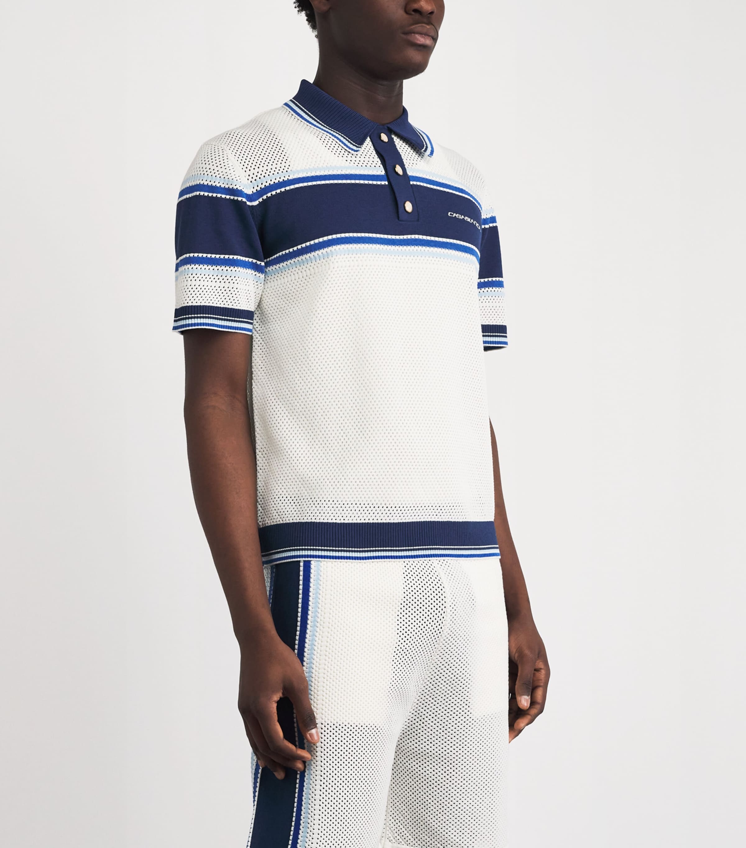 Casablanca Mens Mesh Stripe Polo Shirt White / Blue Image 4