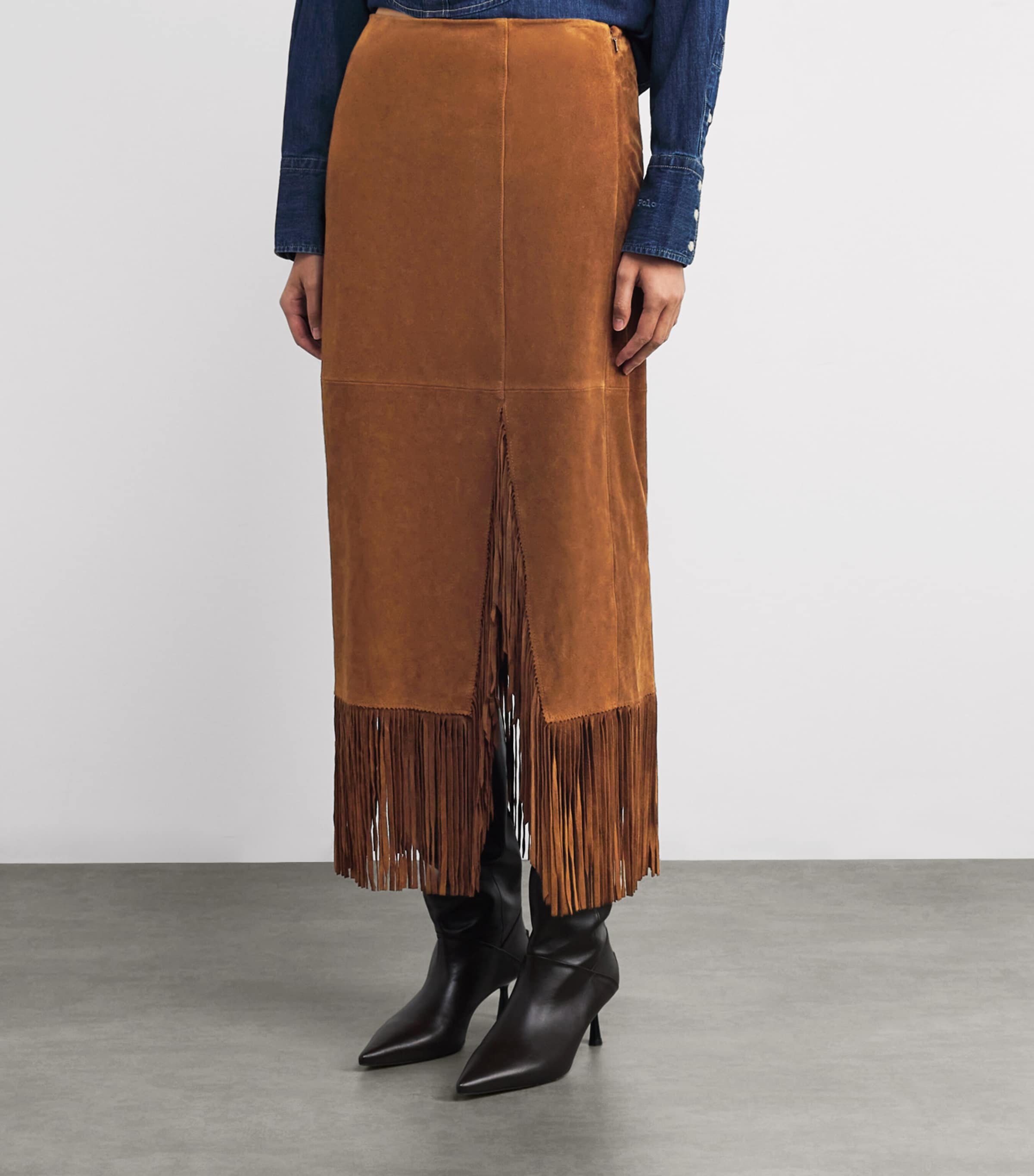 Polo Ralph Lauren Womens Suede Fringed Midi Skirt Clove Image 3
