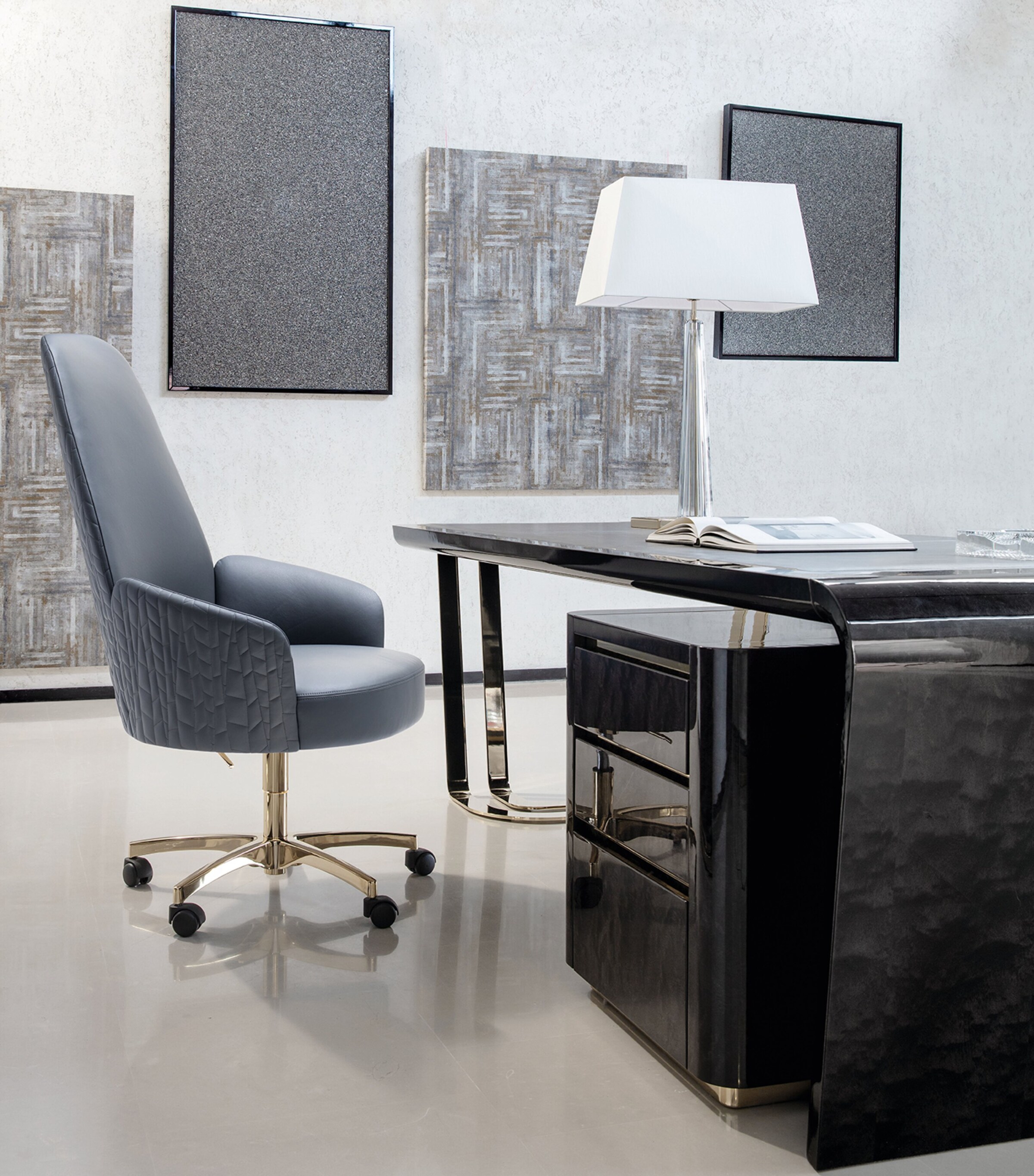 Desk edge and drawer area with glossy black finish