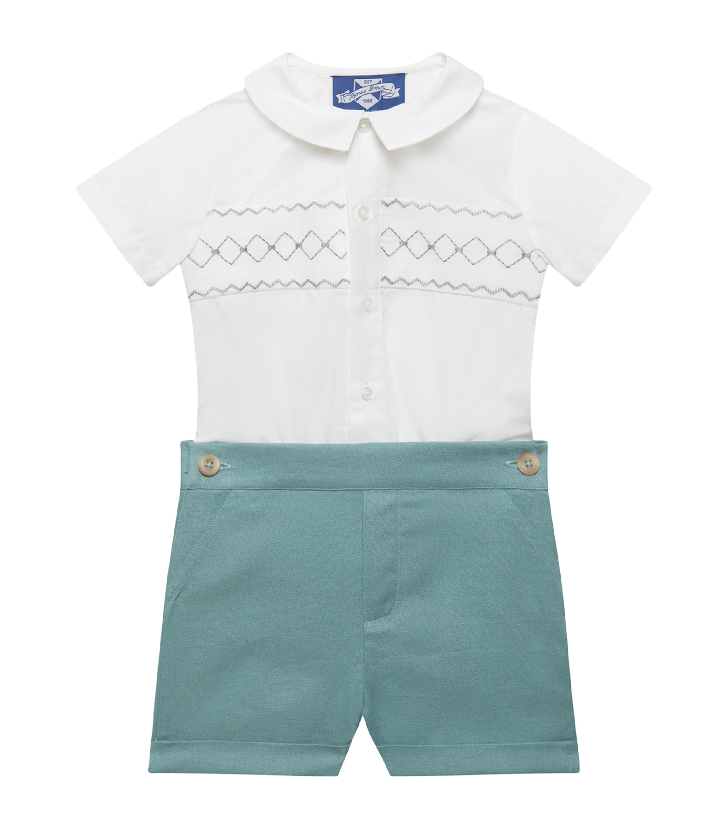 Trotters Kids' Smocked Rupert Shirt And Shorts Set In Green