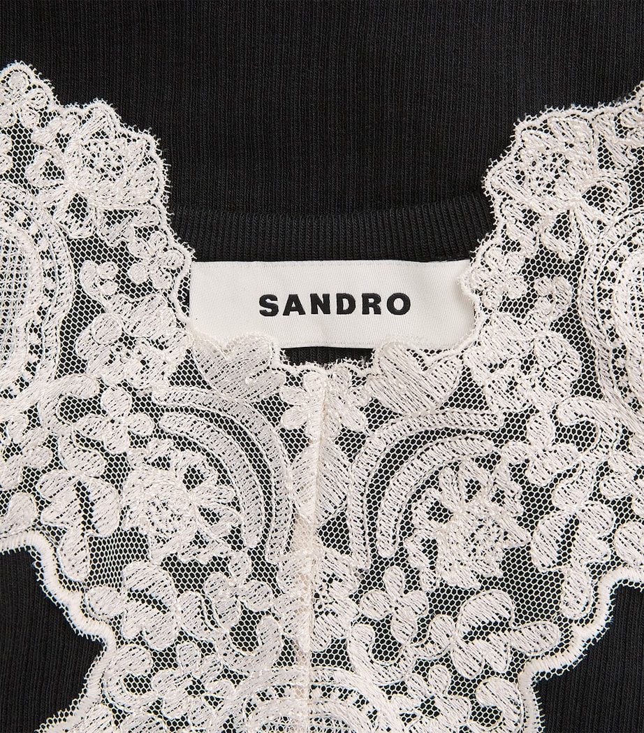 Sandro Paris Womens Ribbed Lace-Trim Tank Top Black Image 6