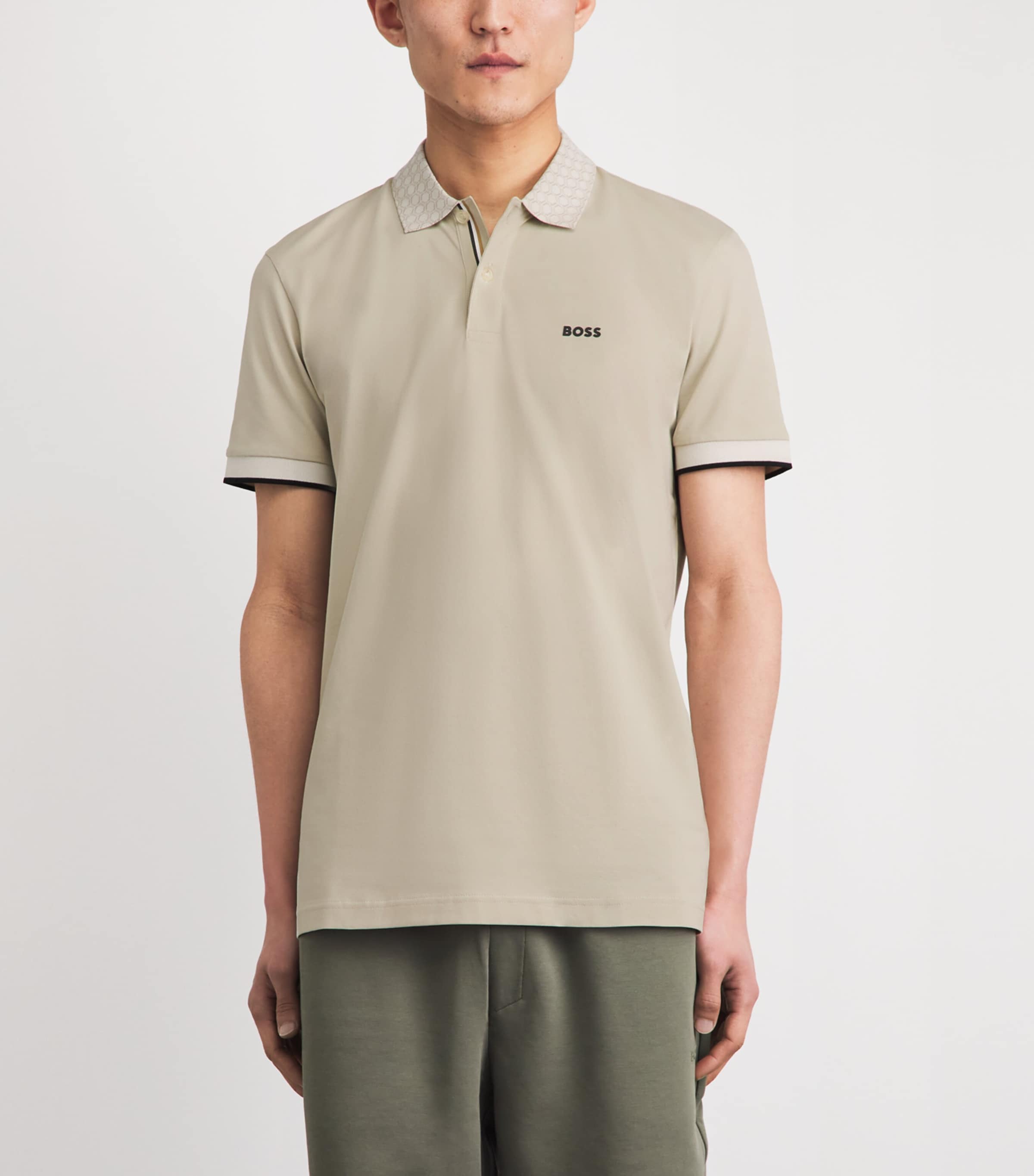 BOSS Mens Cotton Contrast-Collar Polo Shirt Light Beige Image 4
