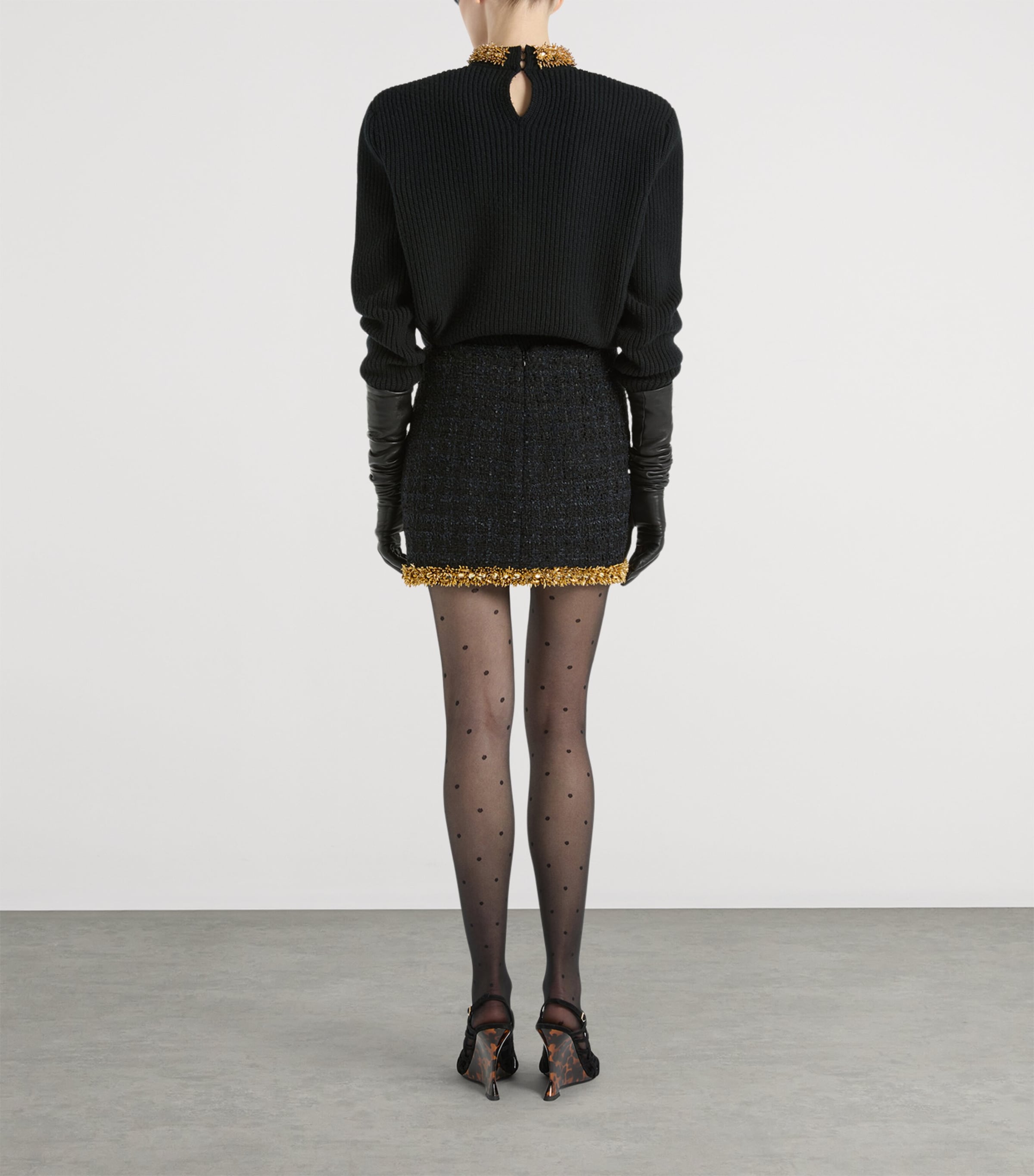 Balmain Womens Tweed Beaded-Hem Mini Skirt Ead Noir Or Image 3