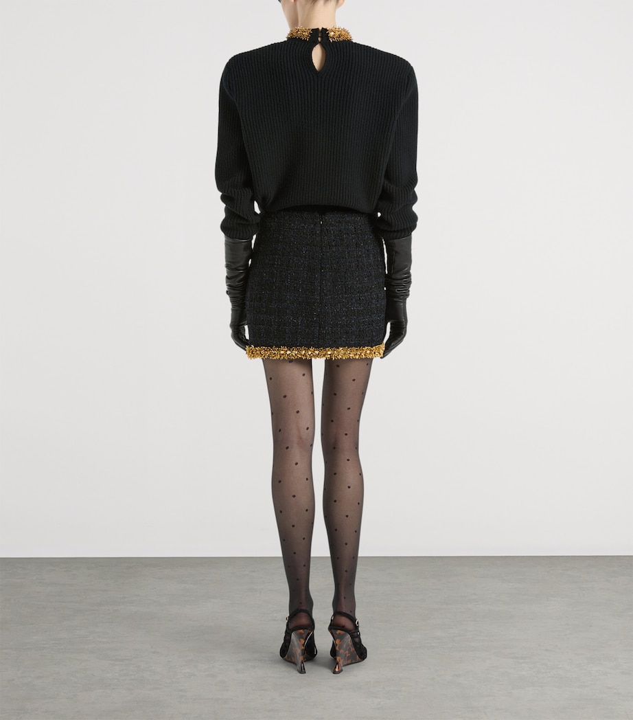 Balmain Womens Tweed Beaded-Hem Mini Skirt Ead Noir Or Image 3