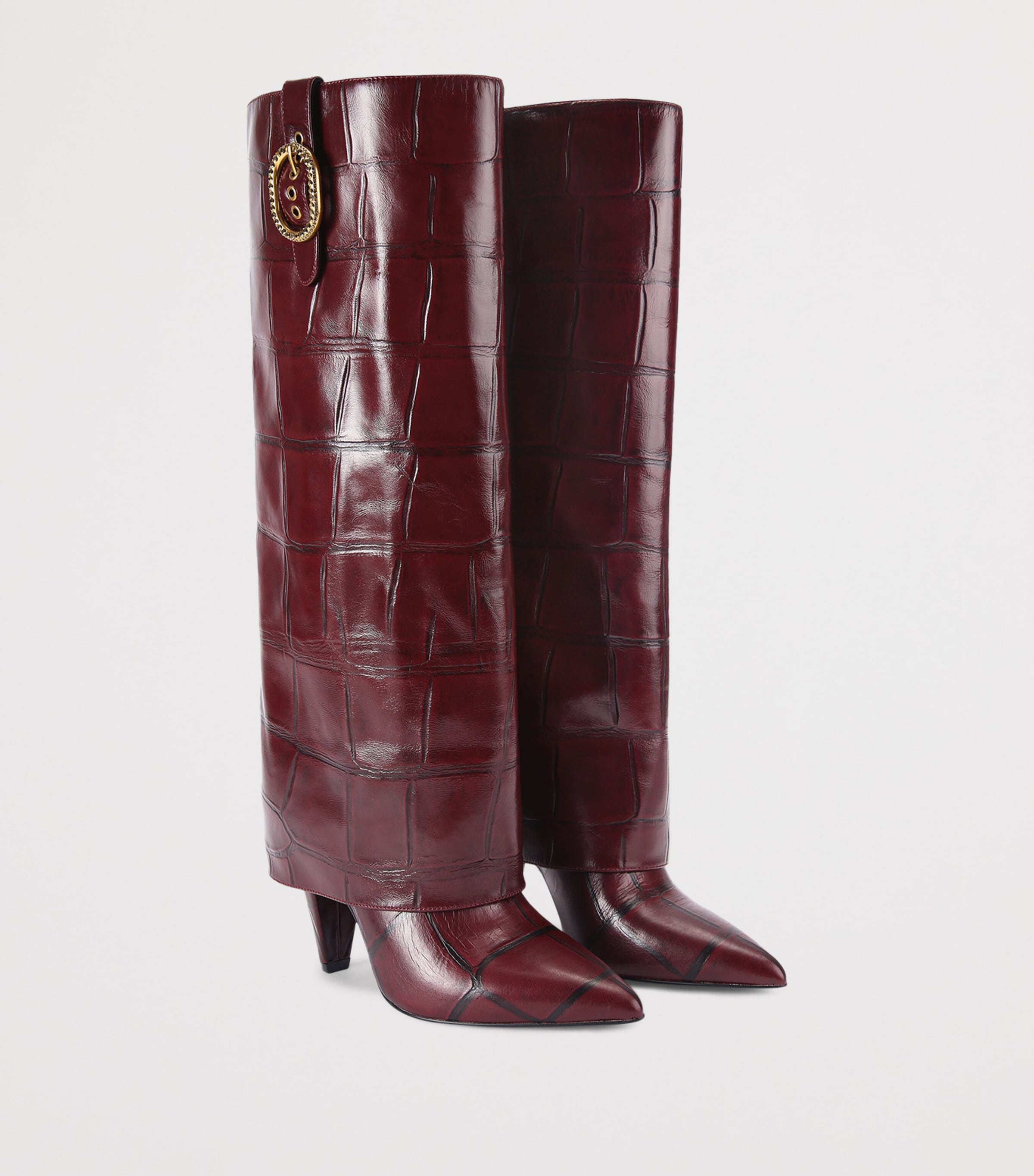 Leather Fold Over Knee-High Boots WINE Image 4