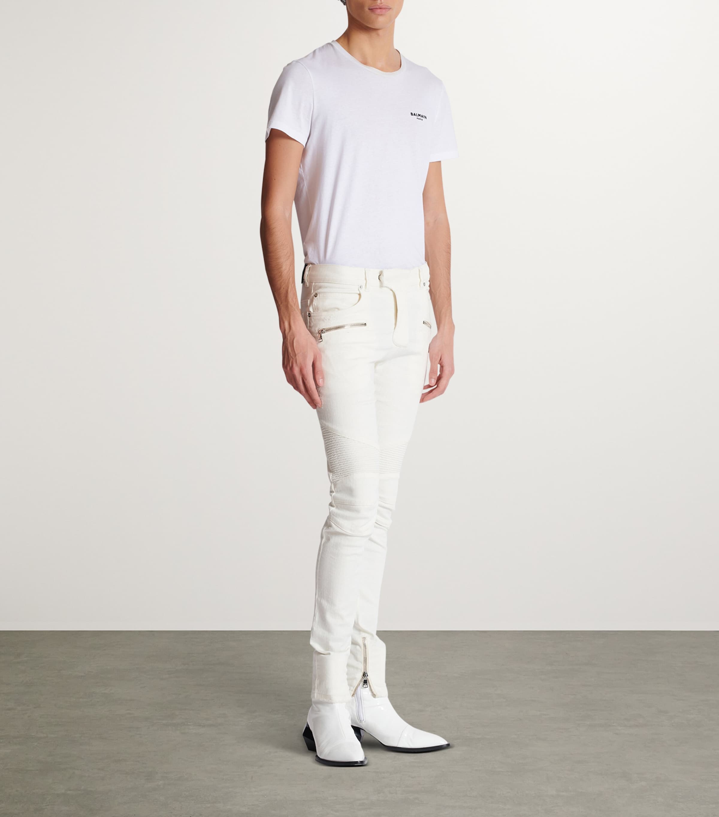 Balmain Mens Slim Biker Jeans Blanc Image 2