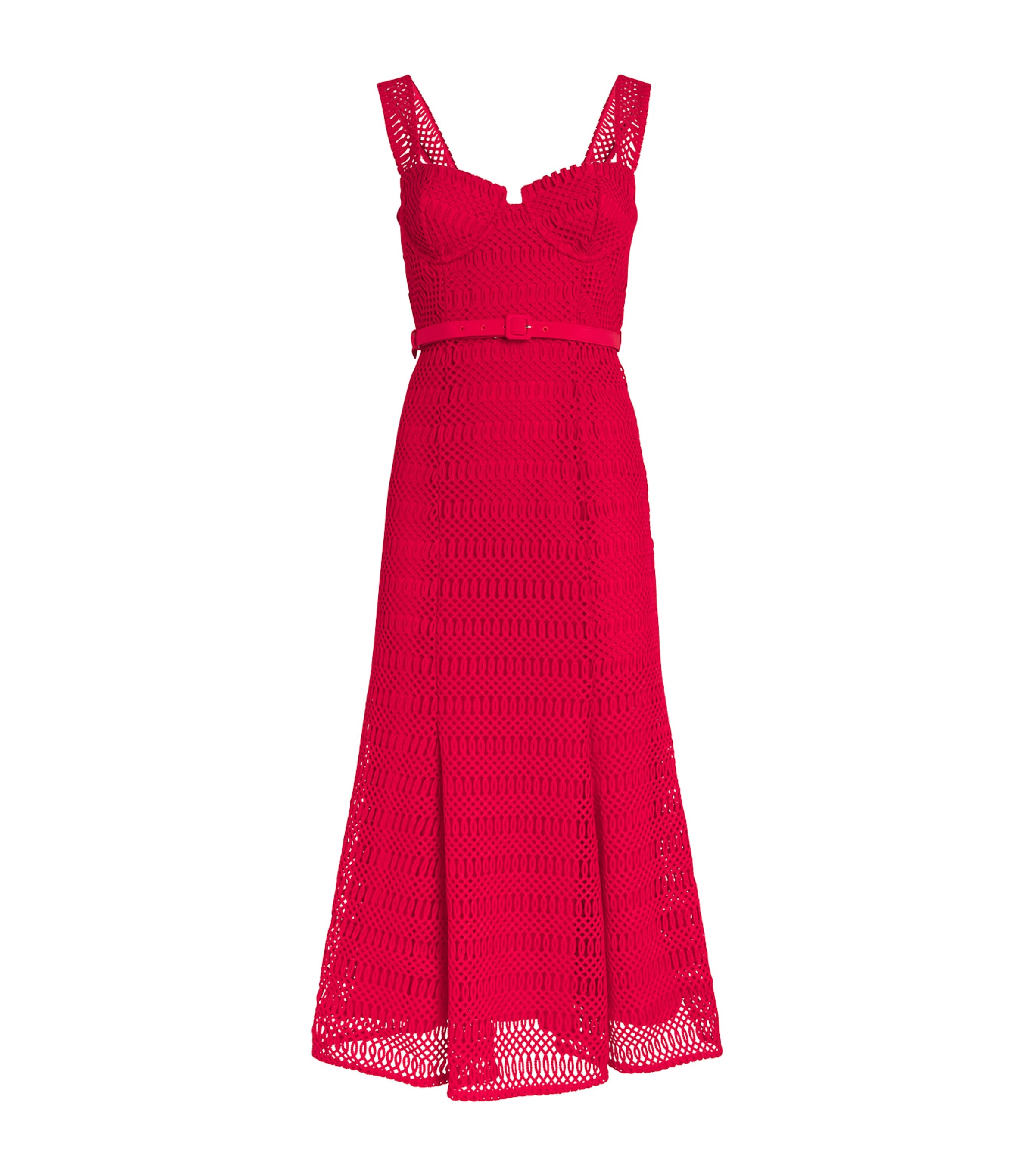 Shop Self-portrait Belted Lattice Midi Dress In Red