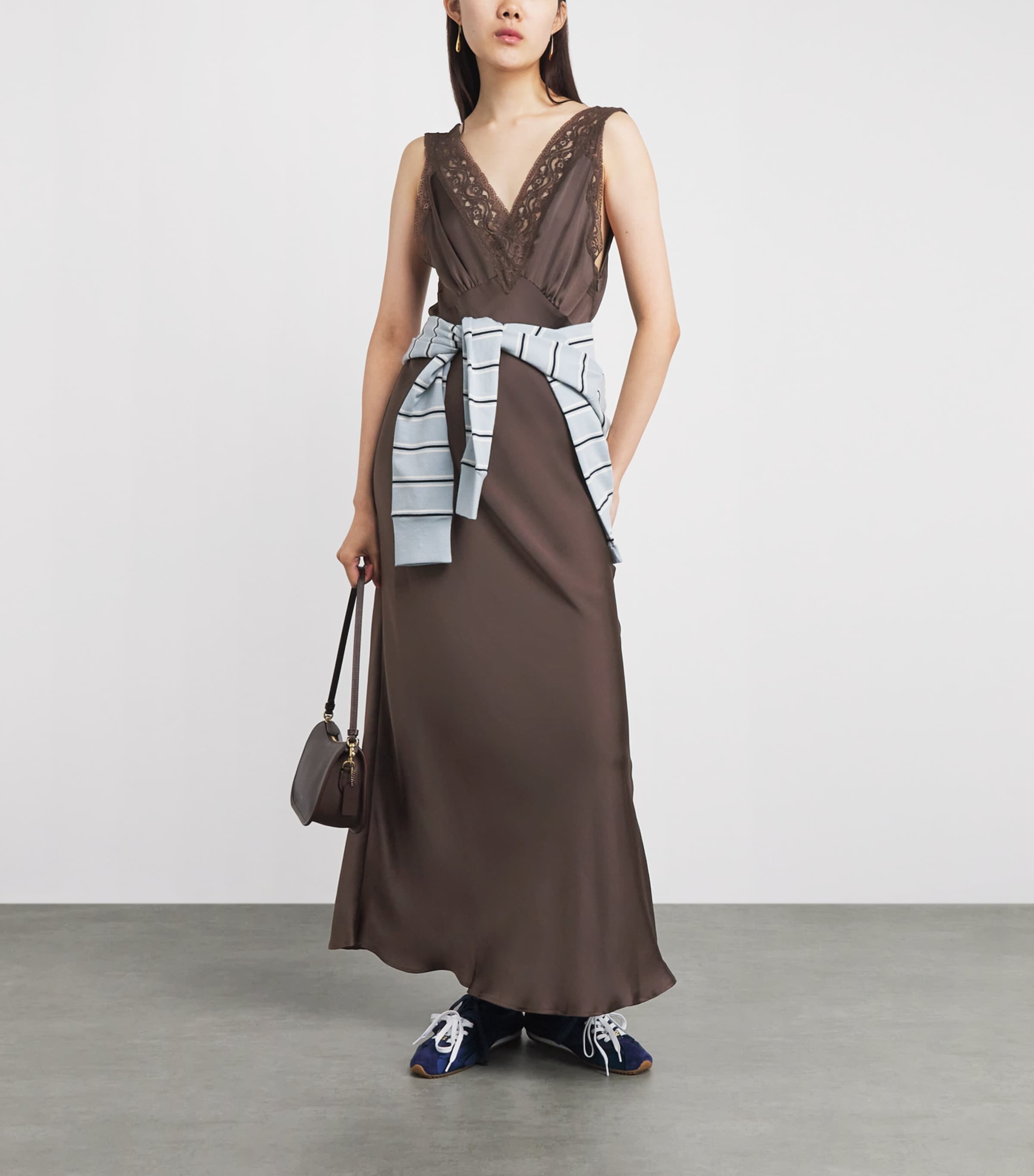 Sandro Paris Womens Satin Lace-Trim Maxi Dress Brown Image 2