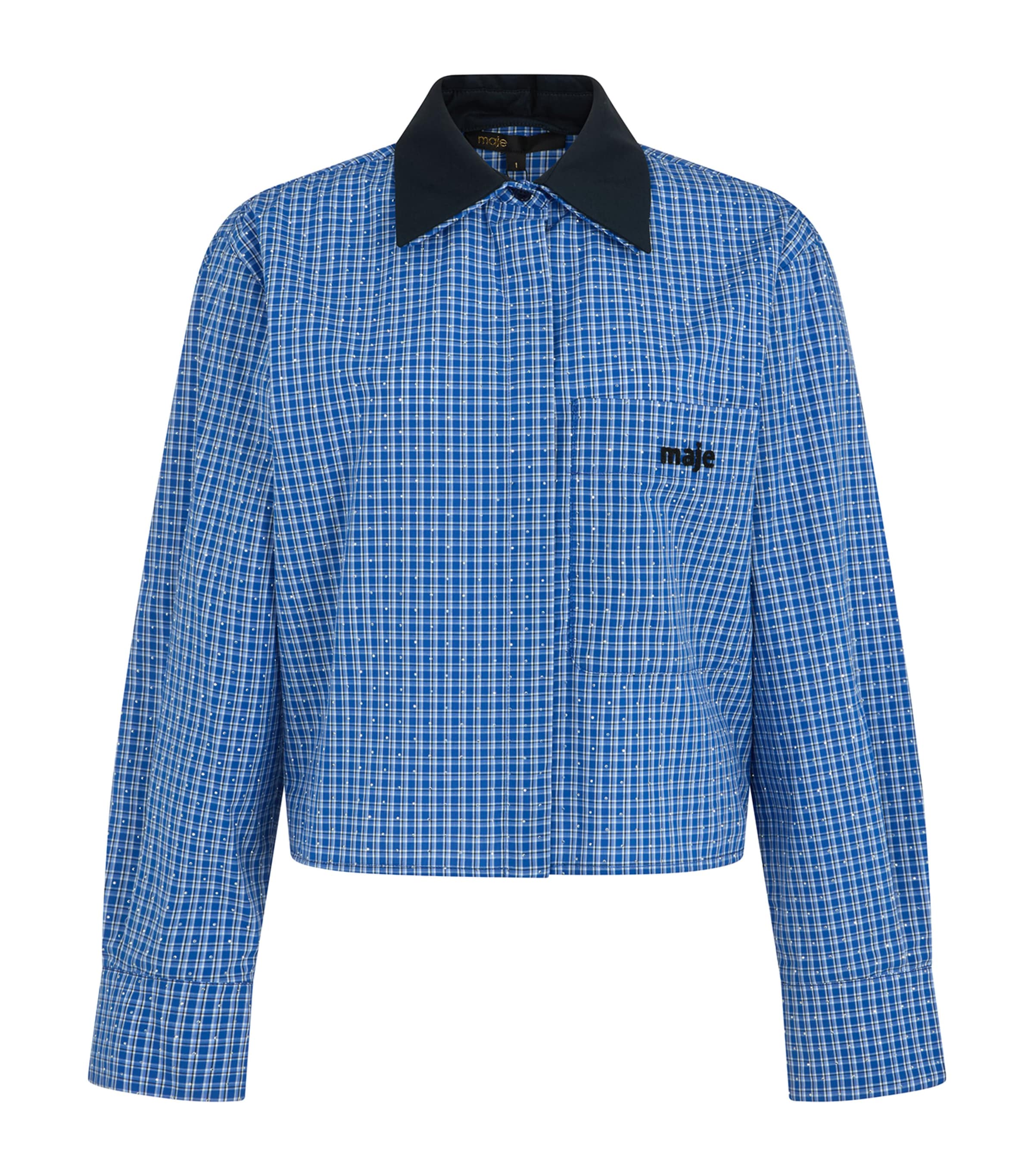 Maje Womens Blue Rhinestoned Tiles Rhinestone-embellished Removable-collar Cotton Shirt In Blue