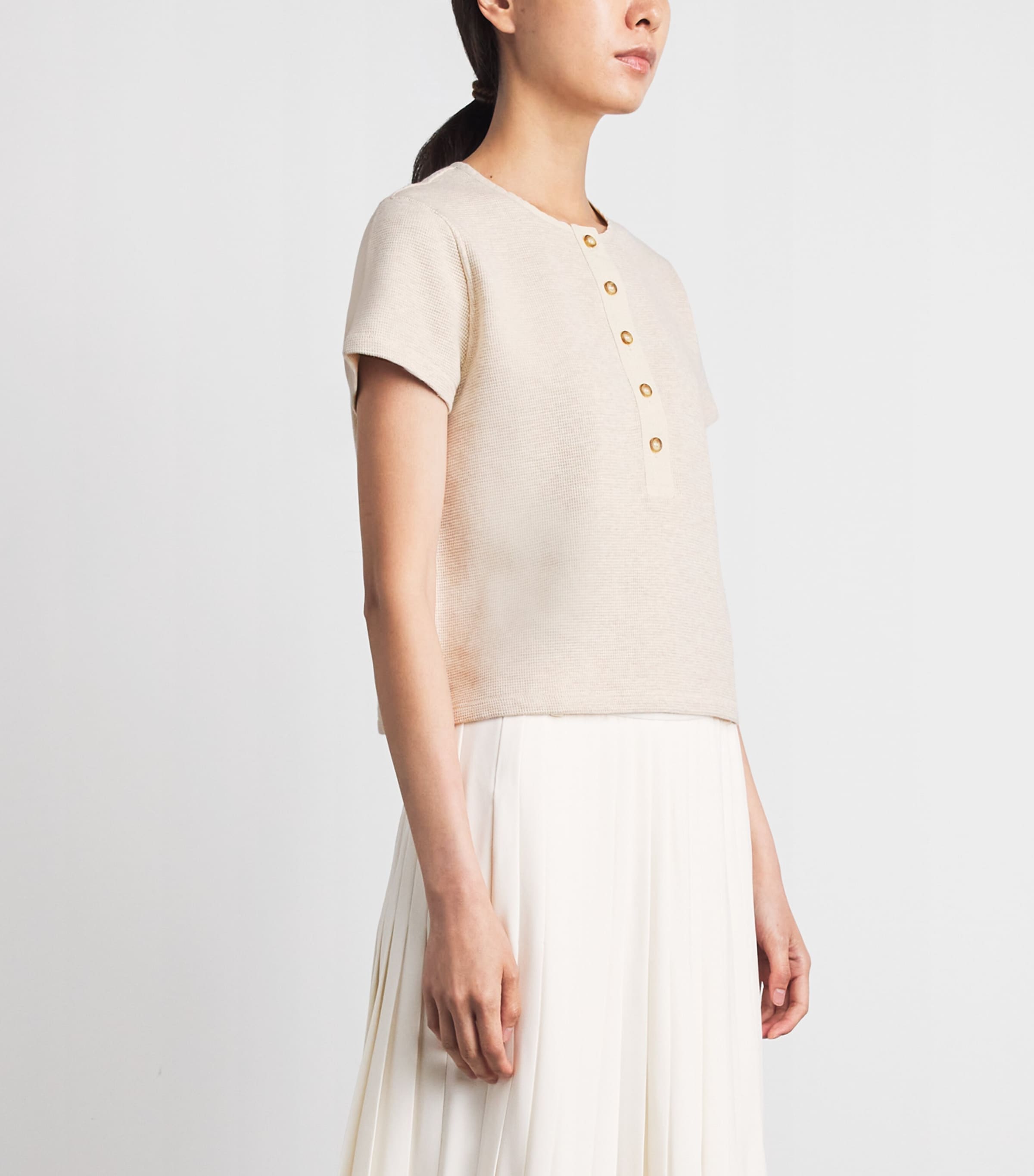 ME+EM Womens Waffle-Knit Henley Baby T-Shirt Oatmeal Image 4