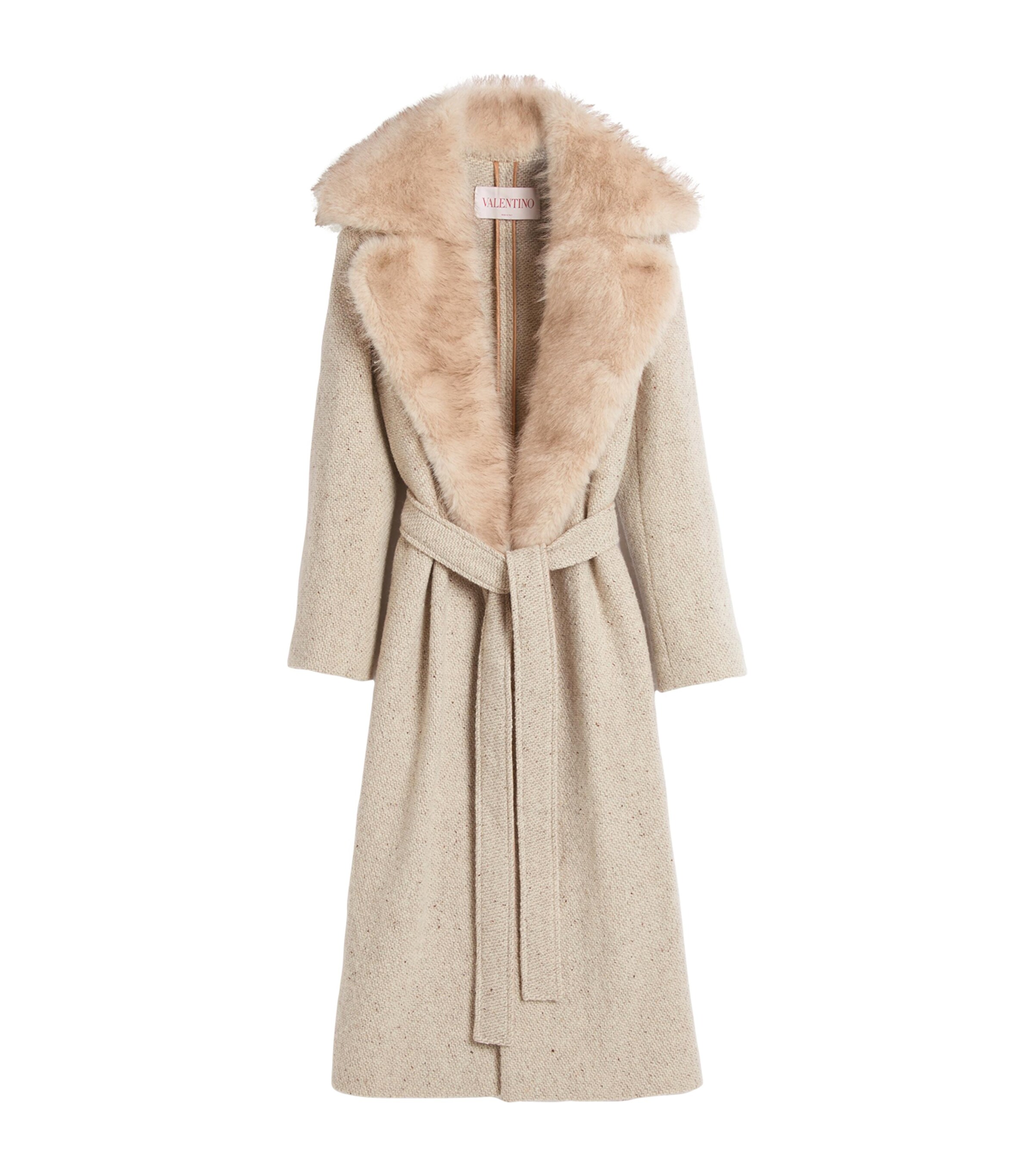 Valentino Belted Faux Fur Collar Wool Coat In Nude