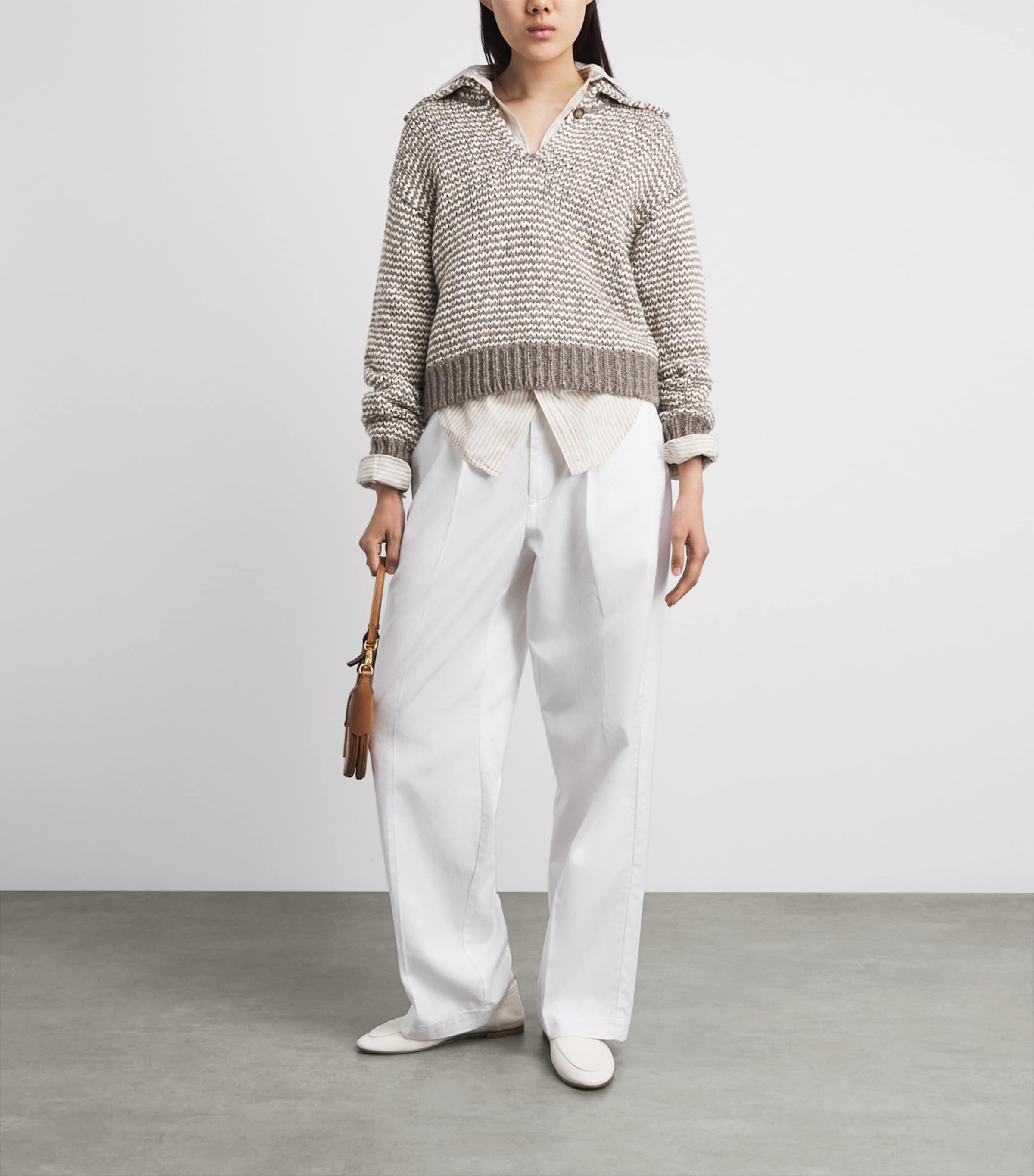 Polo Ralph Lauren Womens Cotton-Wool Blend Sweater Stone Grey/crm Strp Image 2