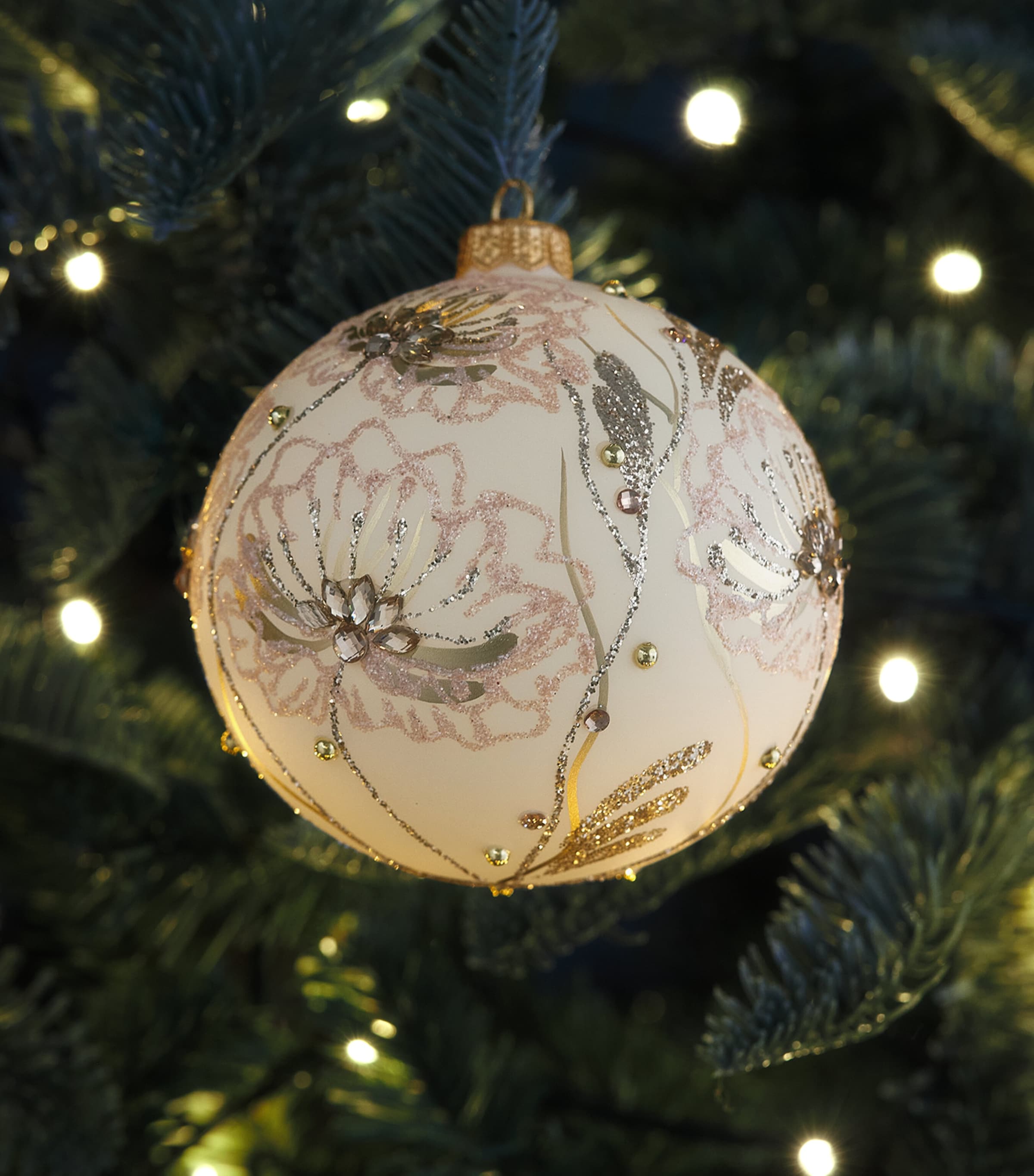 Harrods Glitter Flower Bauble Creamy Egg Shell Image 3