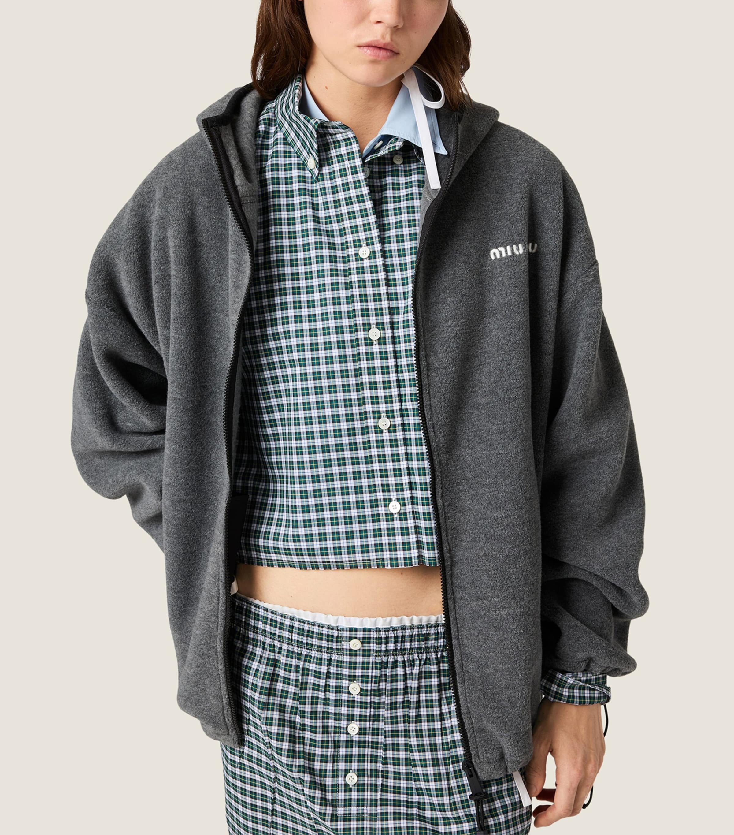 Miu Miu Womens Fleece Zip-Up Hooded Jacket Grey Image 4