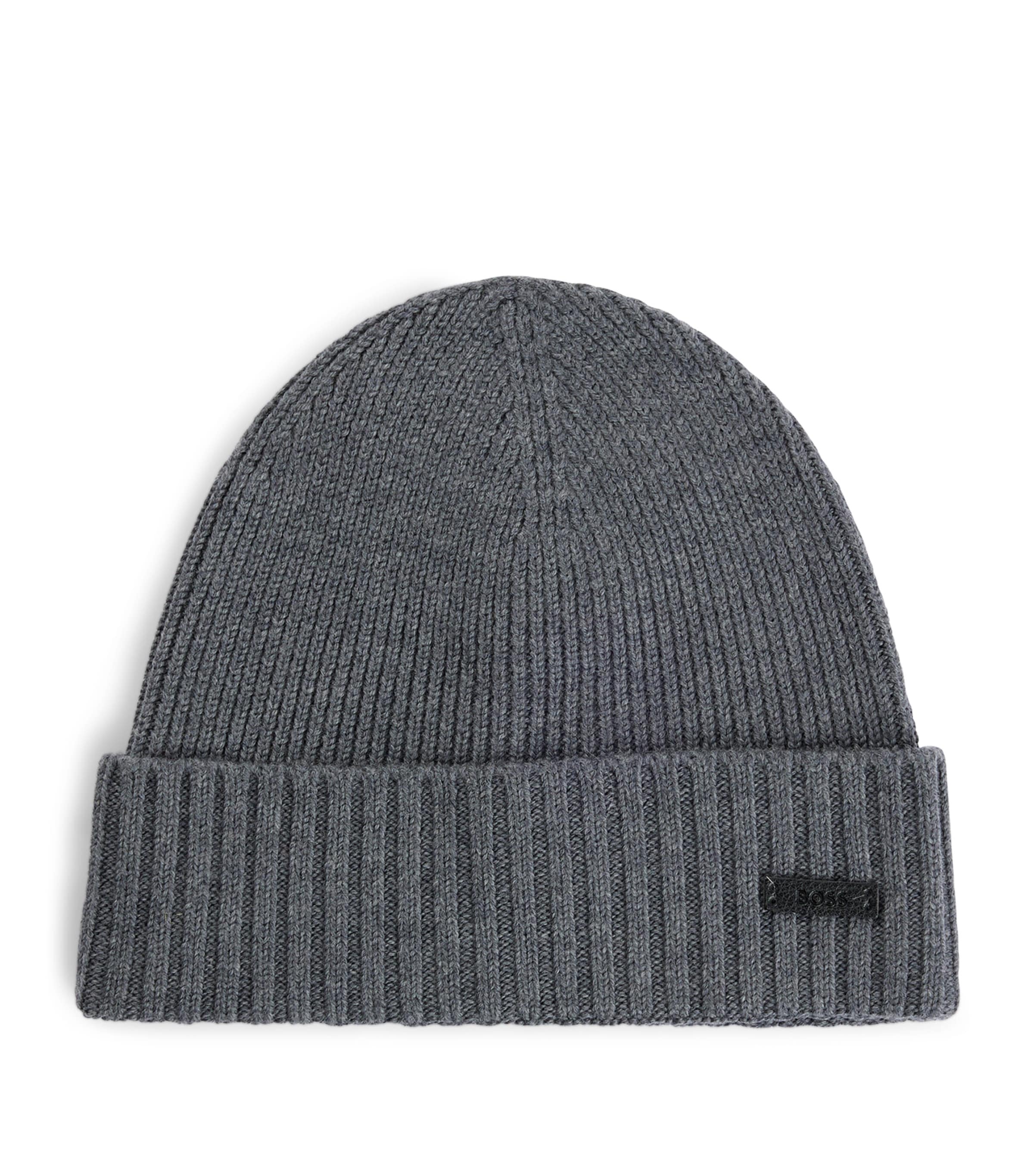 Hugo Boss Fati Medium Grey Ribbed Beanie Hat In Virgin Wool 50495306 030