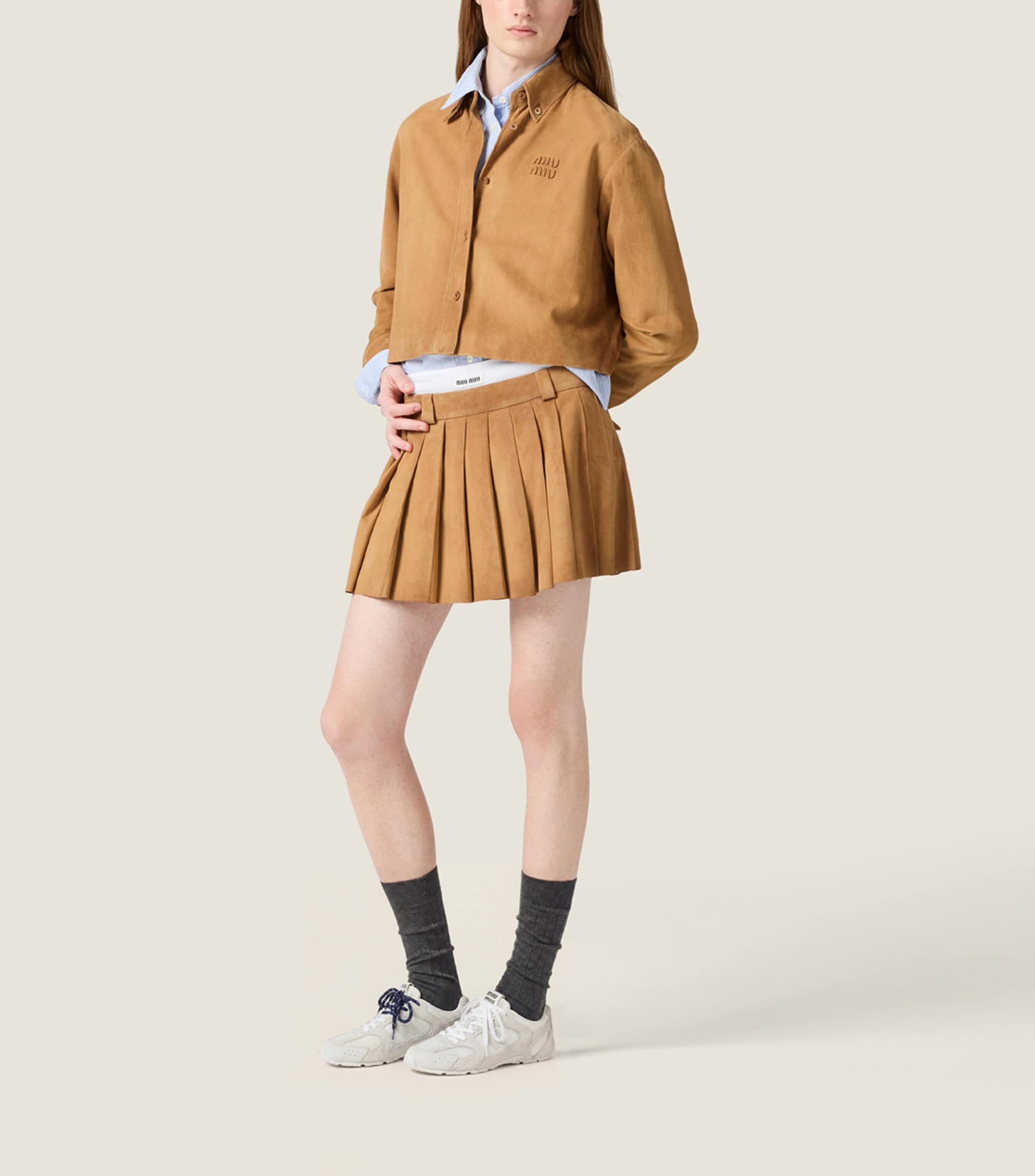 Miu Miu Womens Waxed Suede Pleated Miniskirt Neutral Image 2