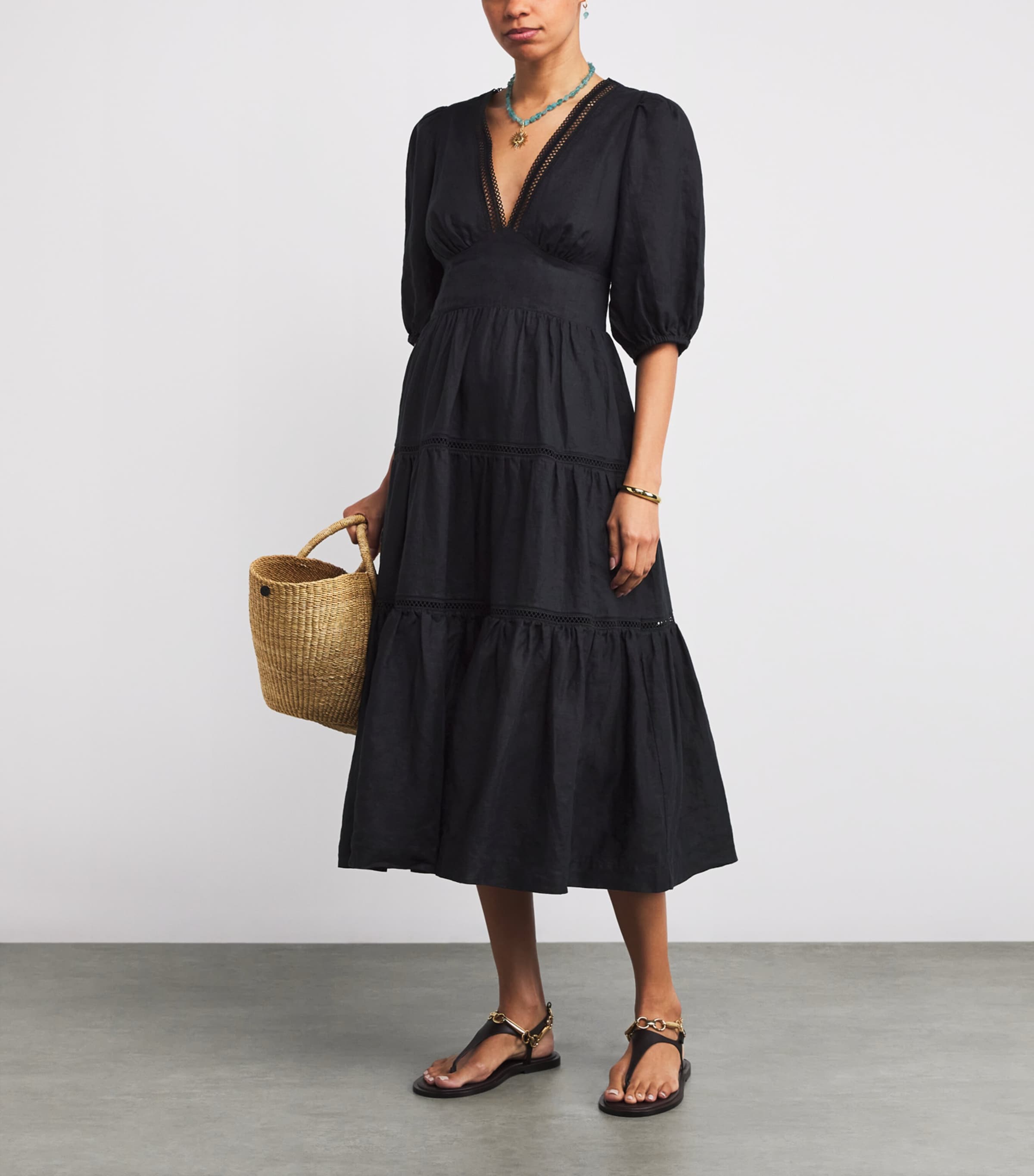 Linen Lace-Trim Meteora Midi Dress BLK-BLK/LINEN Image 2