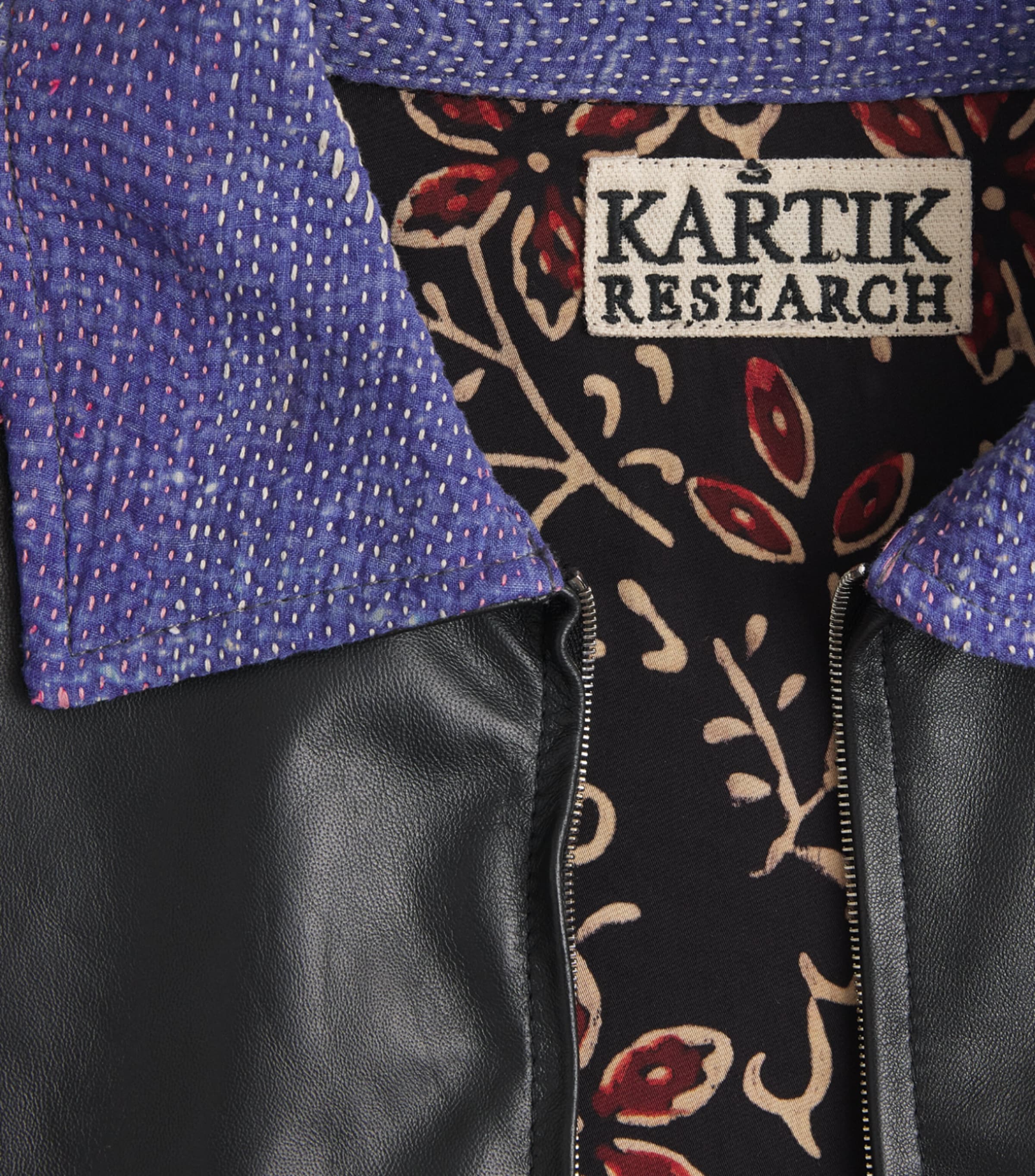 Kartik Research Mens Leather Kantha Bomber Jacket Black/ Purple Image 6