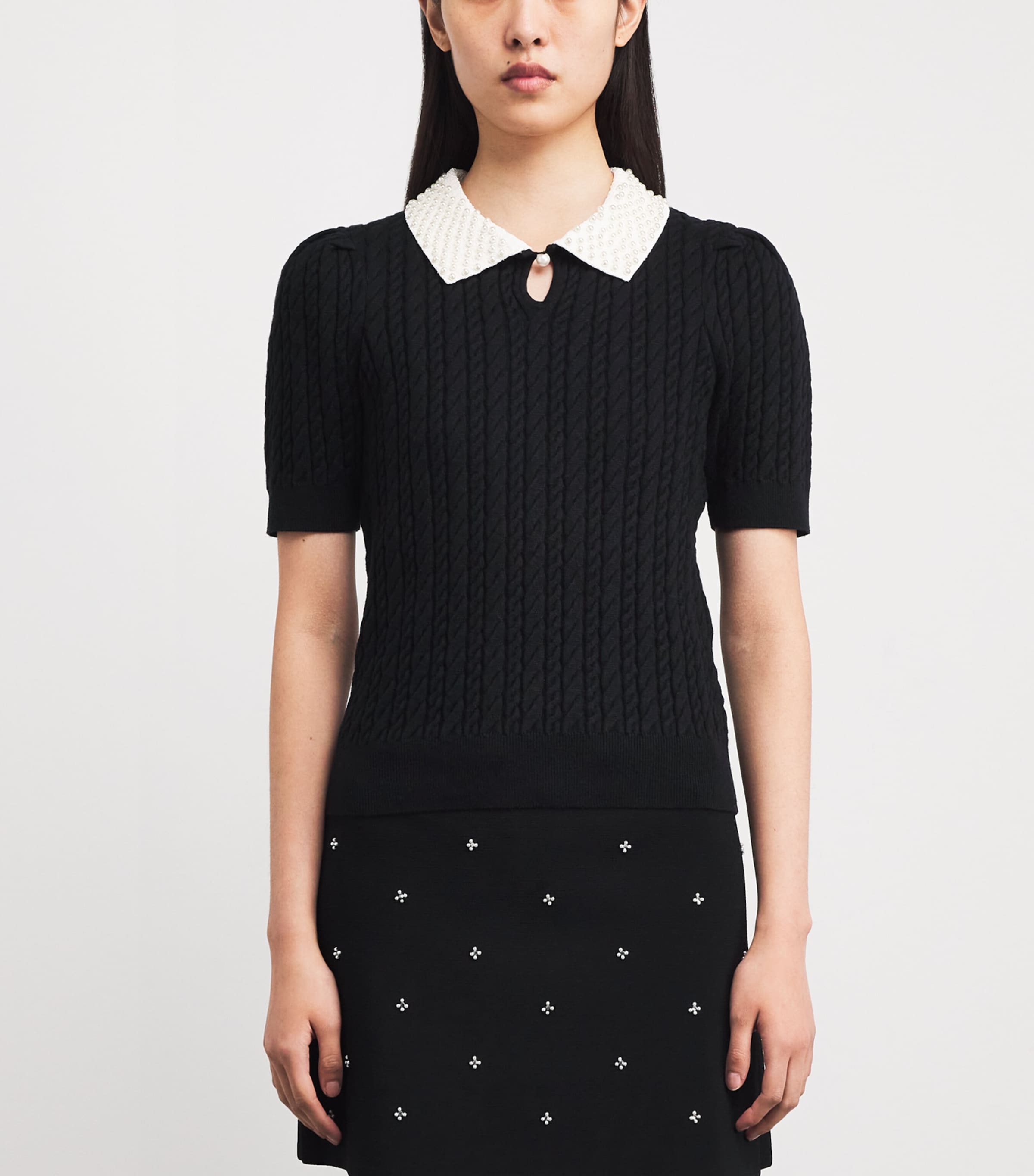 Cotton-Wool-Blend Cable-Knit Pearl-Collar Sweater BLACK Image 3