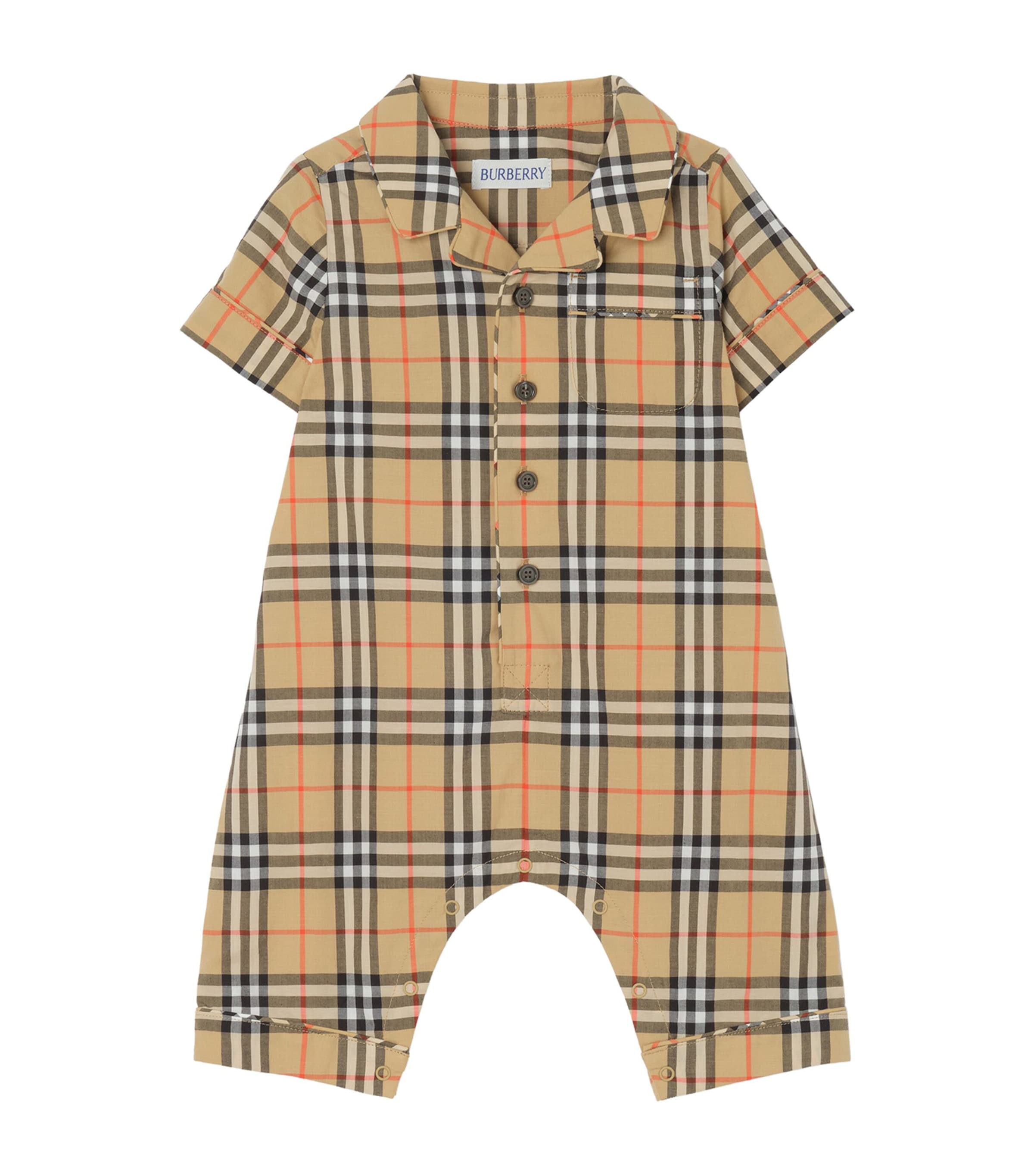 Burberry Kids Cotton Check Playsuit (1-18 Months) Sand Ip Check Image 1
