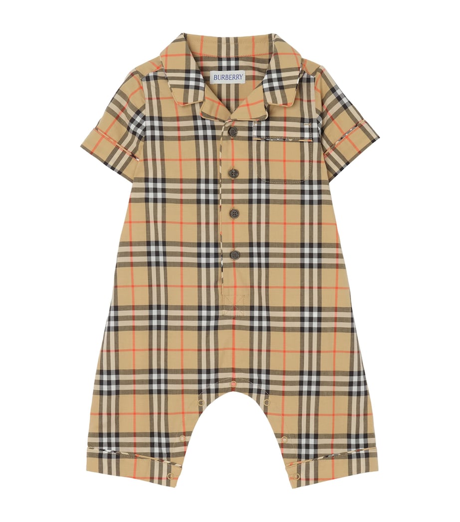 Burberry Kids Cotton Check Playsuit (1-18 Months) Sand Ip Check Image 1