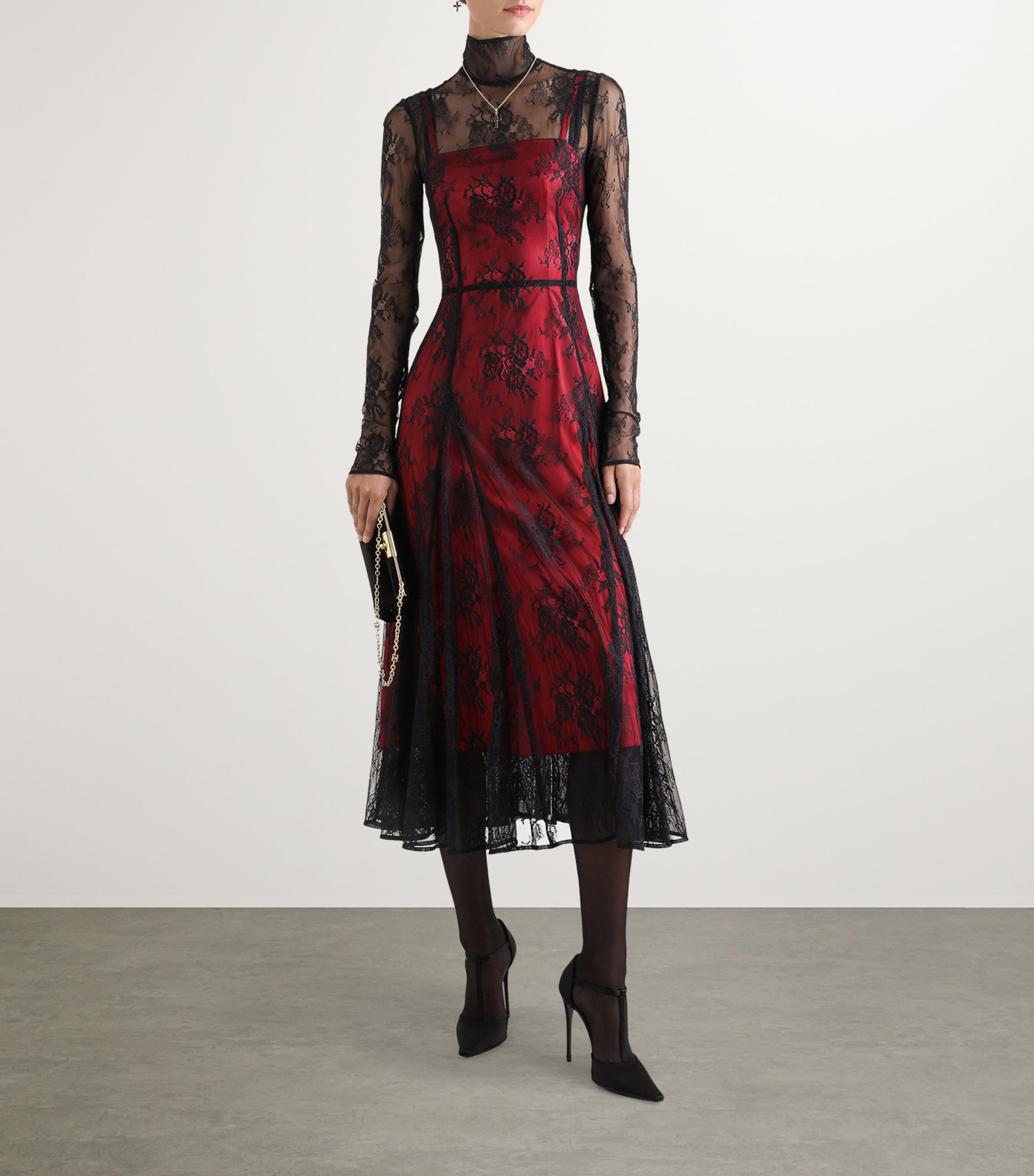 Lace Contrast Midi Dress N0000-BLACK Image 2