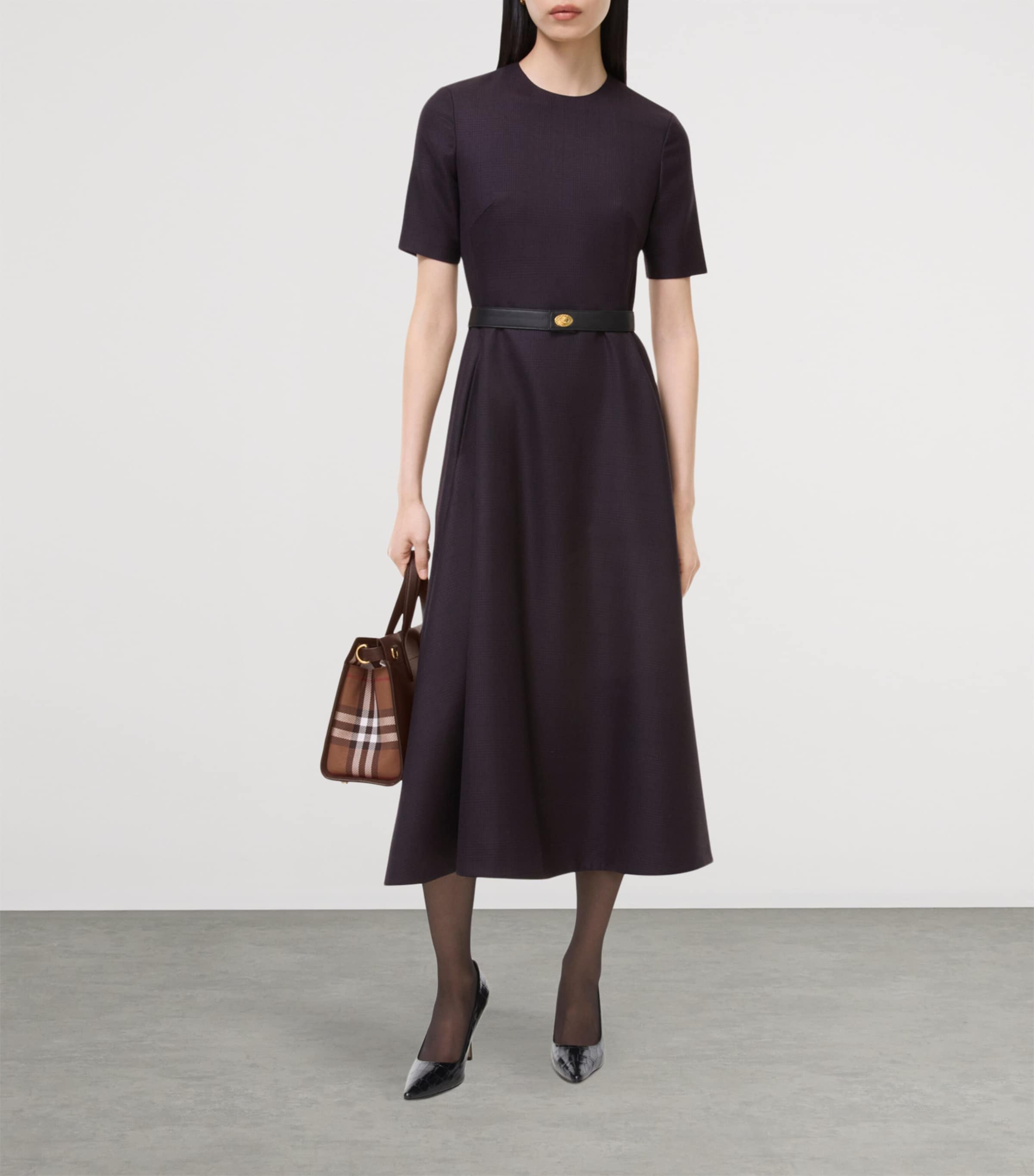 Burberry Womens Wool Check Midi Dress Dark Pelt Brown Chk Image 2