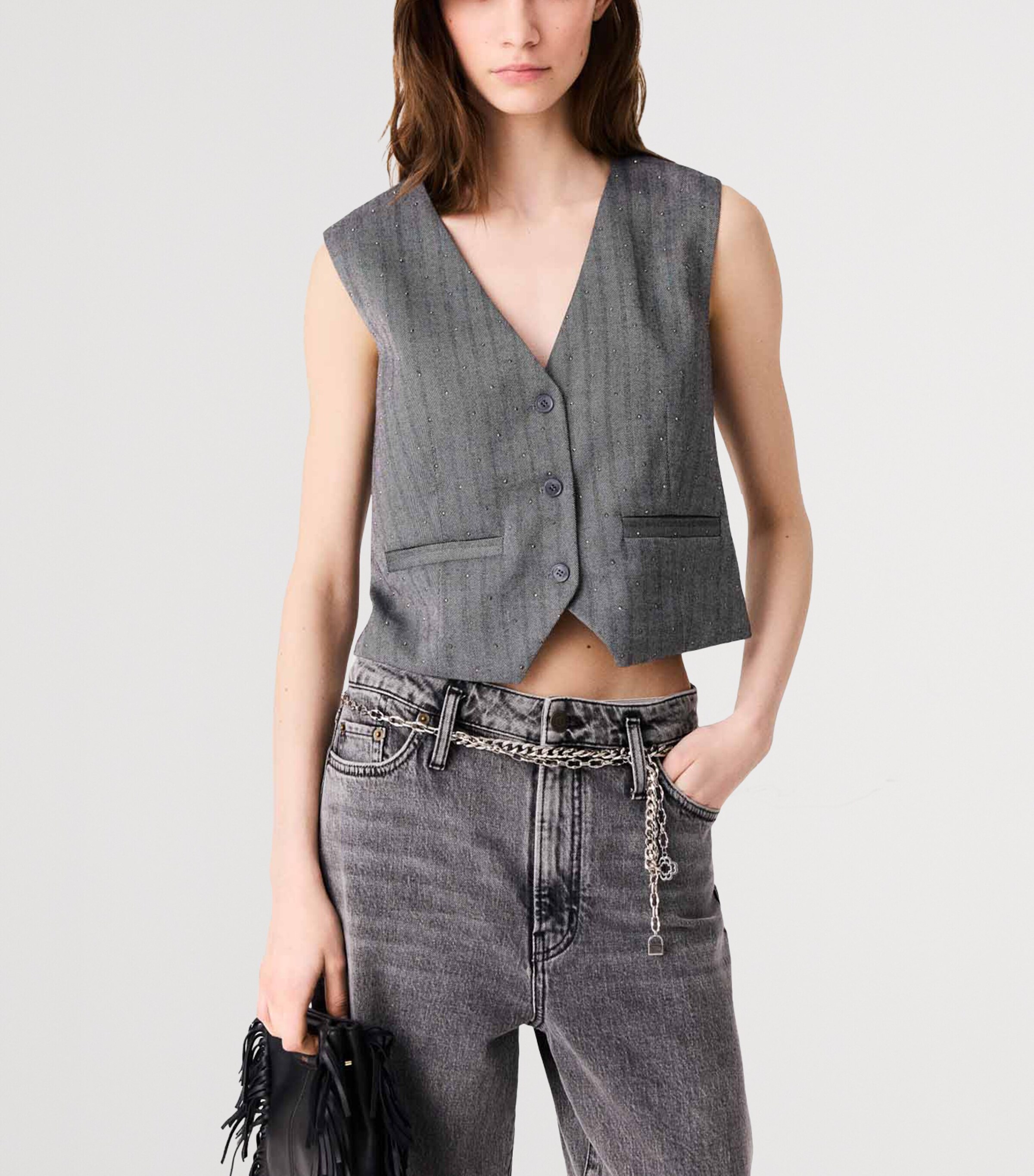 Maje Womens Striped Rhinestone-Embellished Waistcoat Grey Image 4