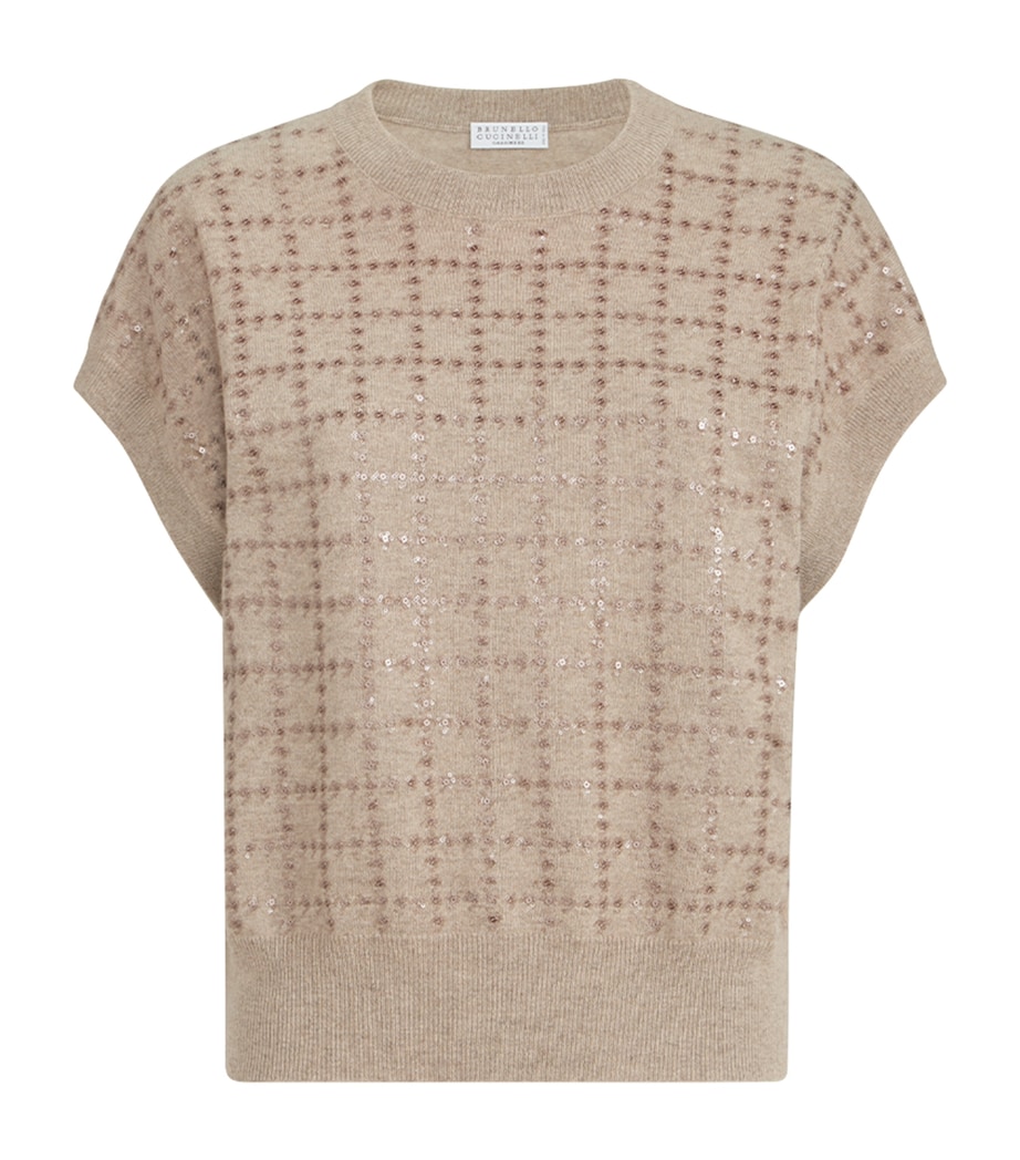 Brunello Cucinelli Womens Cashmere Sequin Check Knit T-Shirt Brown Image 1