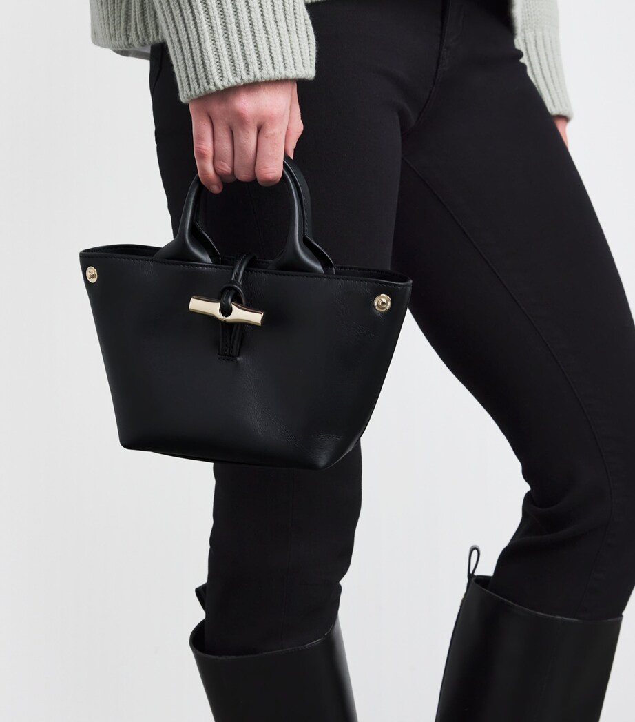 Longchamp Extra Small Leather Le Roseau Top-Handle Bag Black Image 5